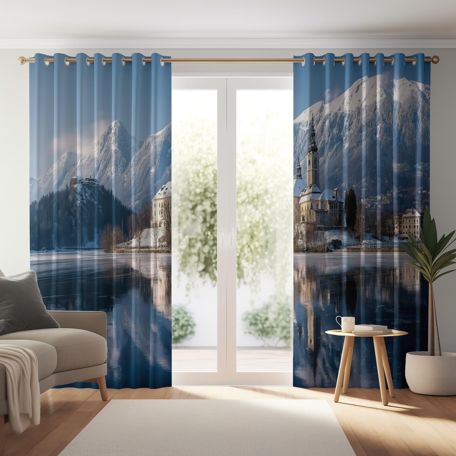 Generisch Gardinen Vorhänge Blickdicht Blau - Hochwertiger Kunst Skifahren Schlösser Print H245 x B70 cm (2er Pack) Schalvorhänge mit Stangentasche für gehobenes Wohnambiente