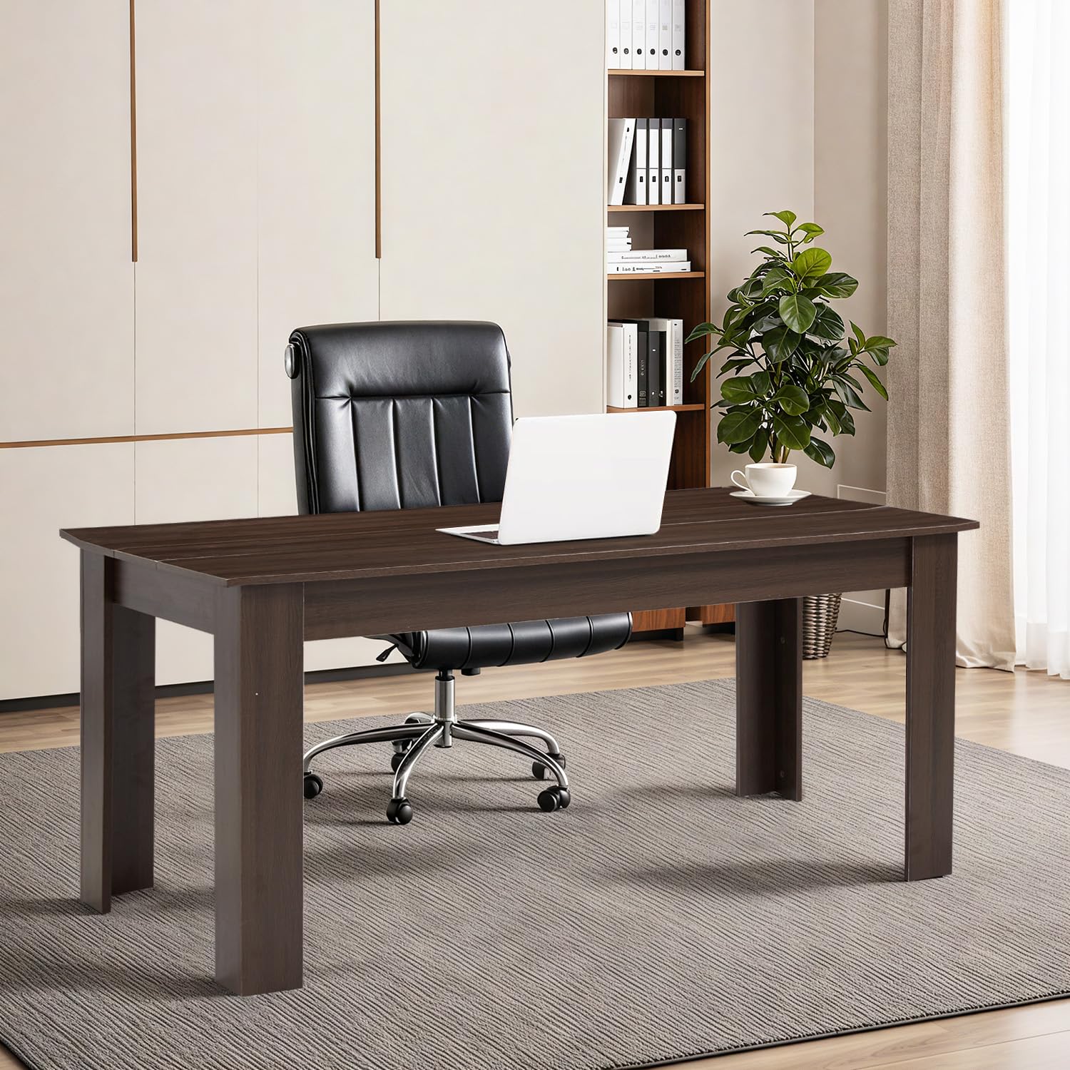 ECOTOUGE 63" Modern Computer Desk, Large Home Office Desk with L-Shaped Legs, Wooden Rustic Writing Table Workstation for Office, Study, Gaming, Brown