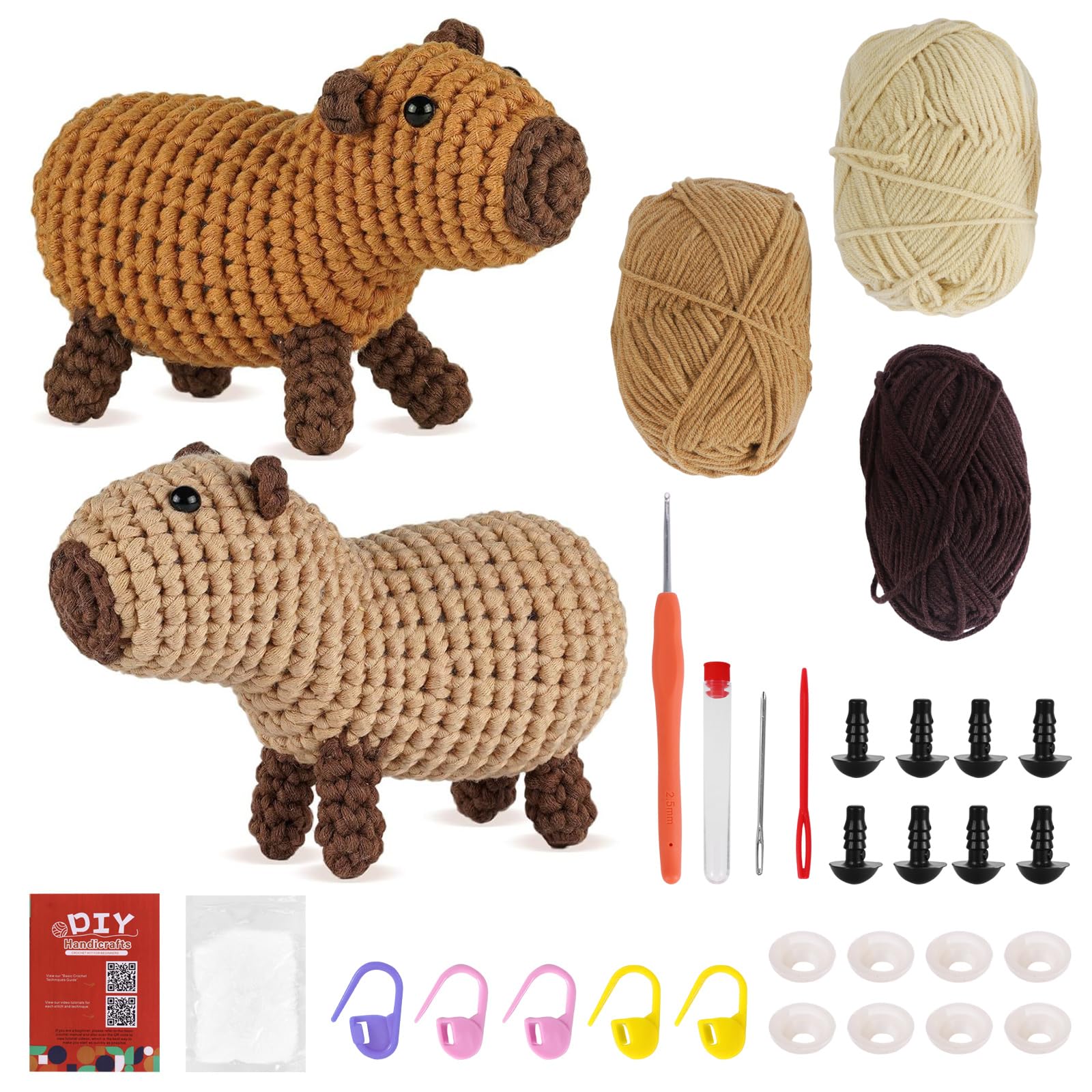 Houkiper Crochet Kit for Beginners, 2PCS Kids Crochet Starter Amigurumi Animals Crochet Kit with Yarn Hooks Needles, Crocheting Knitting Kits Capybara Beginner Crochet kit Gift for Mom Mother's Day — image 1