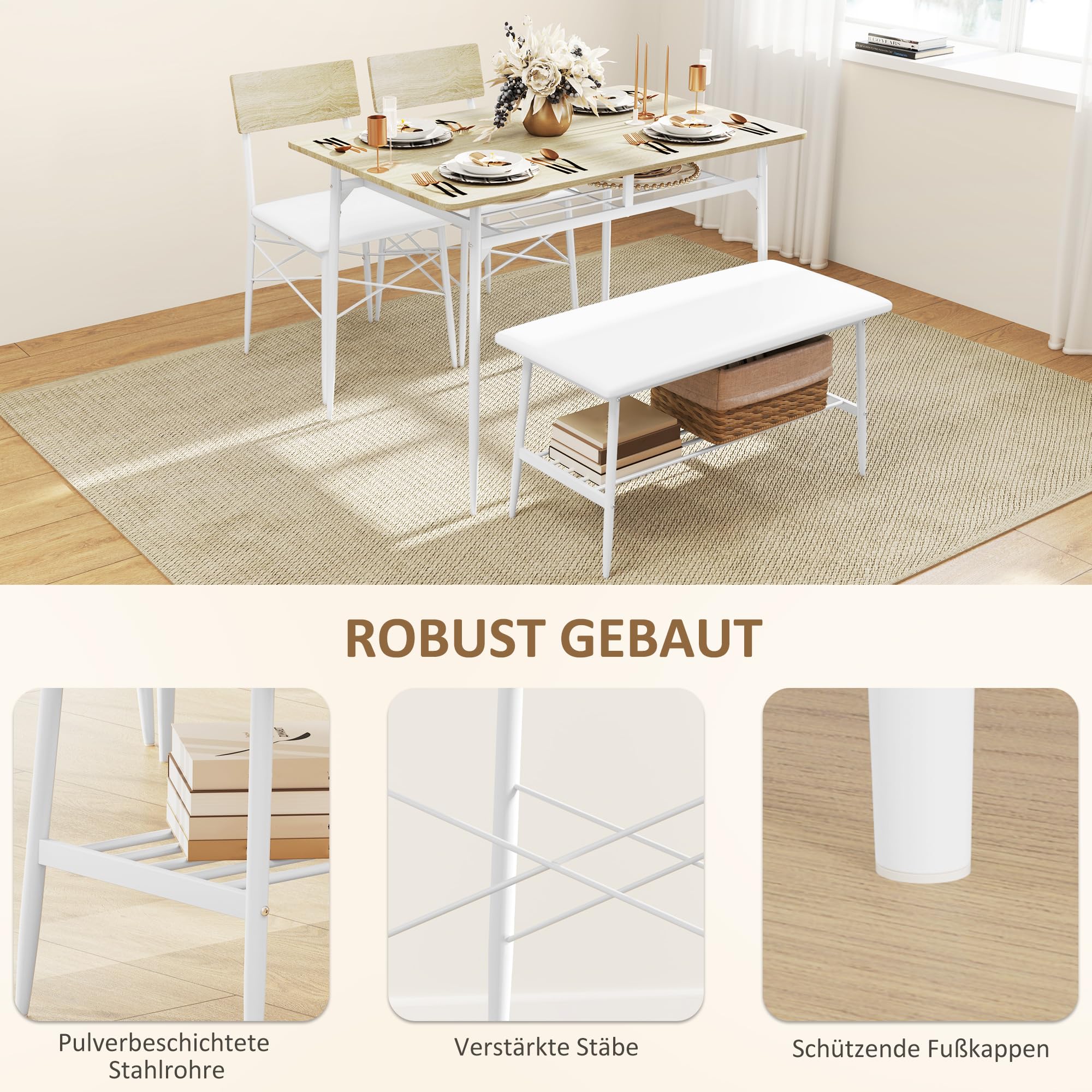 HOMCOM Set da pranzo con tavolo, panca e 2 sedie, salvaspazio, rovere
