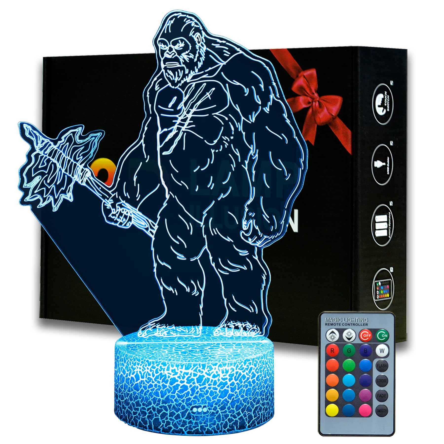 King Gorilla Figurine Night Light, 16 Color Changing Brightness Dimmable Room Gorillas Decor Lamp with Remote, Creative Lighting Gifts for Boys Kids Teen Birthday Christmas