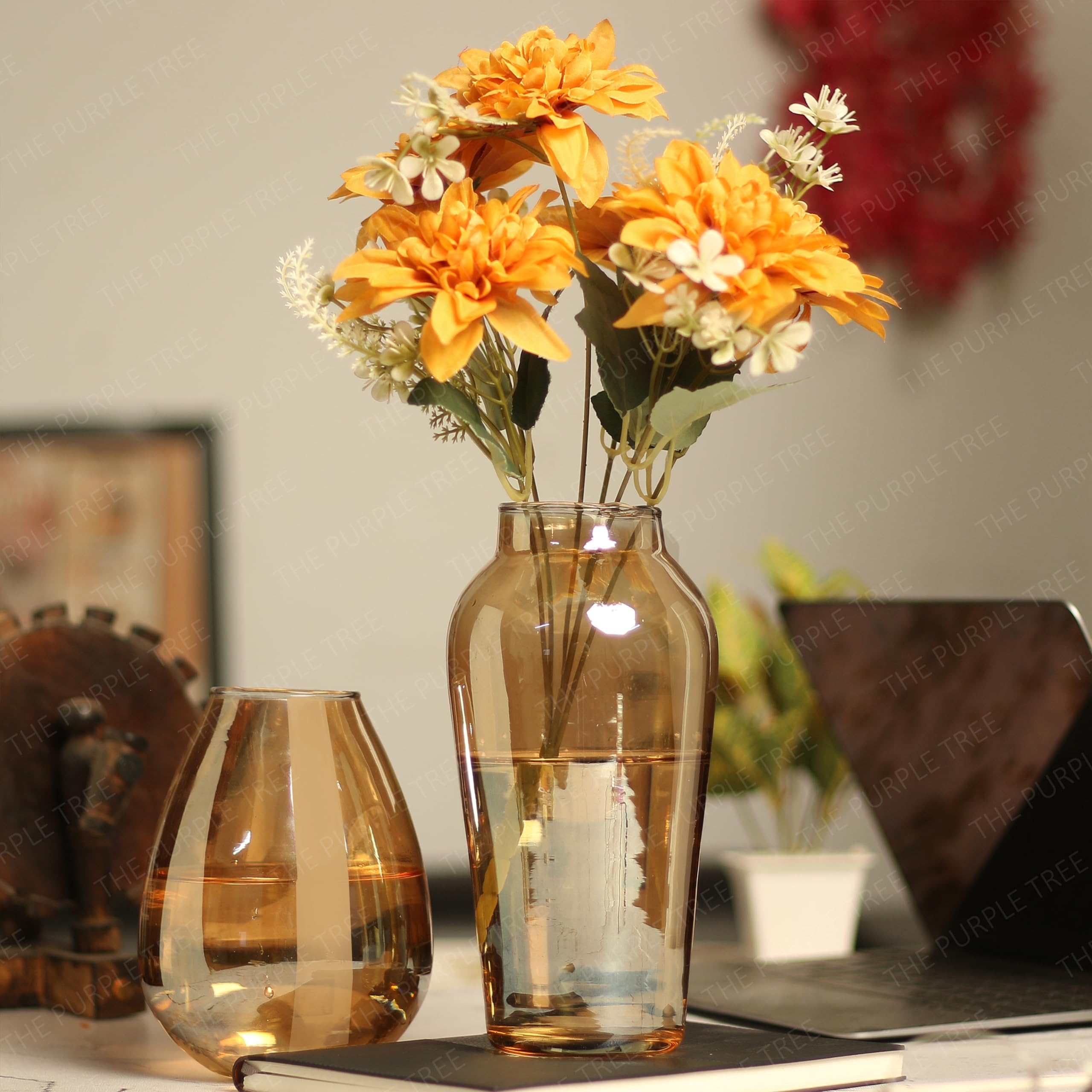 The Purple Tree Set of 2 Decorative Glass Vase for Flowers Home Decor Kitchen Living Room Bedroom Flowers Plants Office Dining Table Centerpiece Birthday Wedding Decoration Items (Amber)