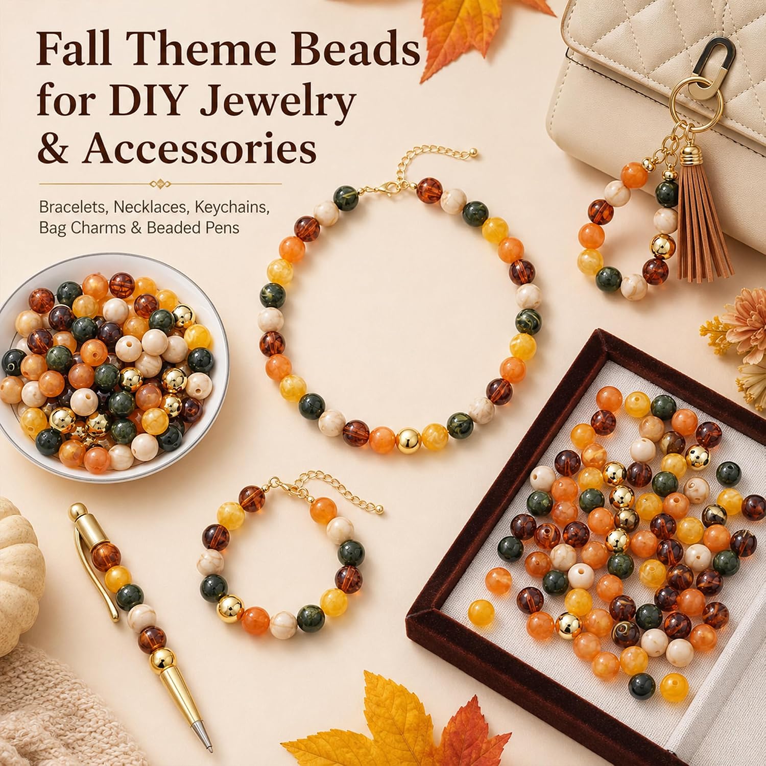 100Pcs Autumn Acrylic Beads Kit, 14mm Large Chunky Bubblegum Beads for Pens & Jewelry Making, Round Focal Beads with Gold Spacers for DIY Bracelets, Keychains, Crafts(Fall)