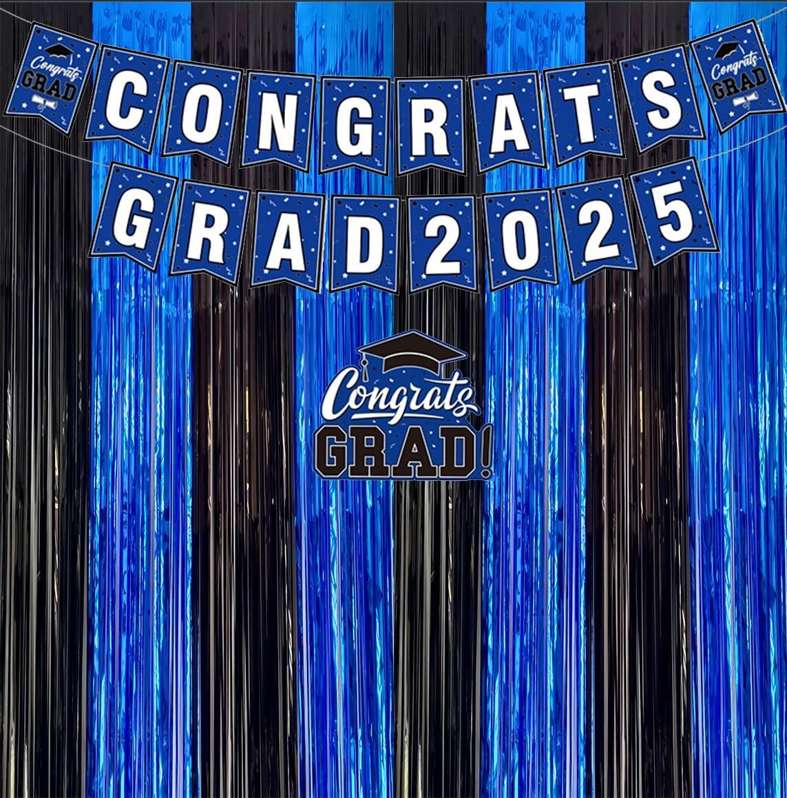 2 Pack 3.3x6.6ft Black Blue Metallic Tinsel Foil Fringe Backdrop Curtain Window Door Streamers Birthday Father's Day Halloween Bachelorette Graduation Video Games Retirement New Year Party Decoration - Image 6