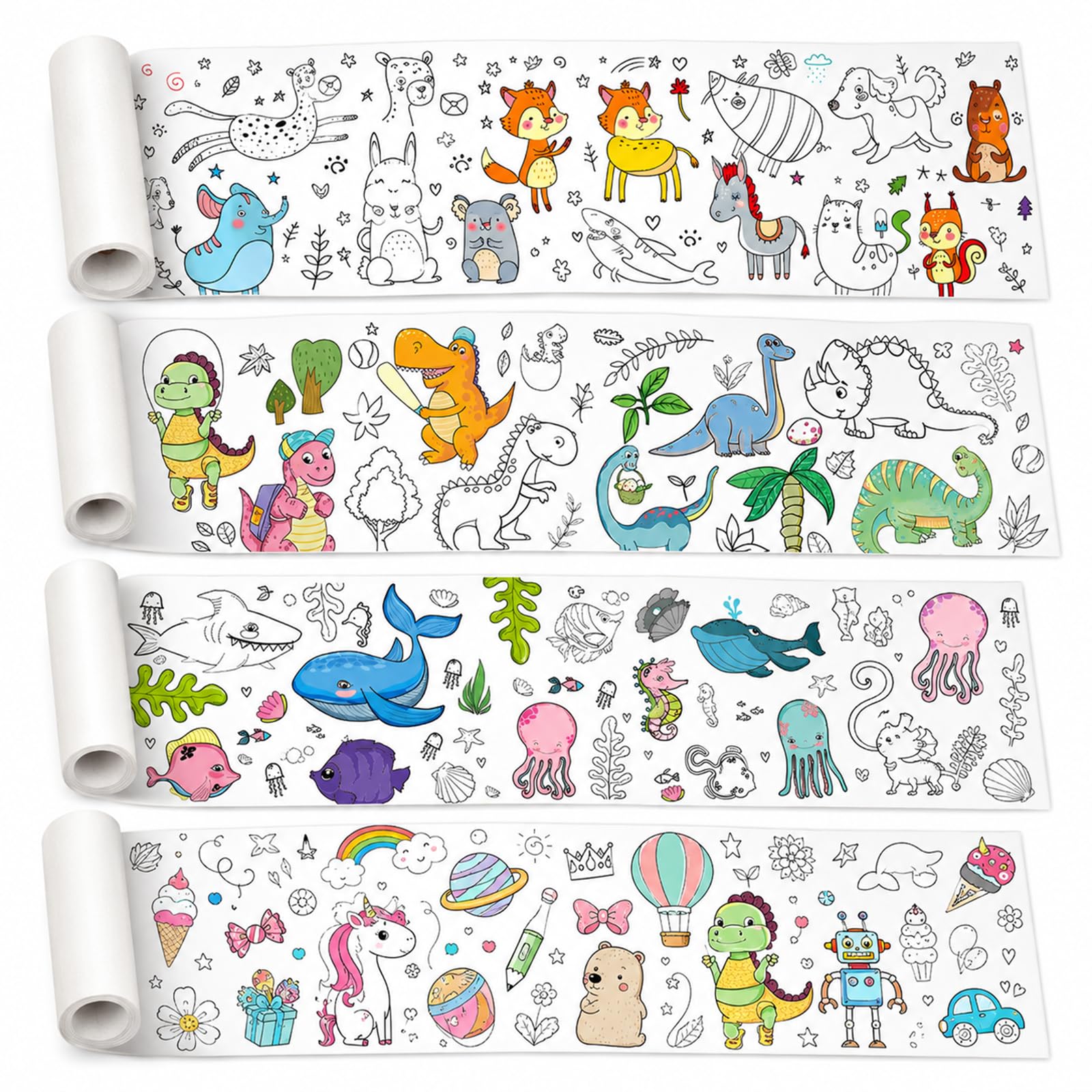 4 Rolls Colouring Drawing Paper Roll for Kids – 30cm x 3m Children's Drawing Roll, Fun Animal Theme Colouring Paper for Boys Girls Age 3+ Years, Encourages Creativity & Imagination
