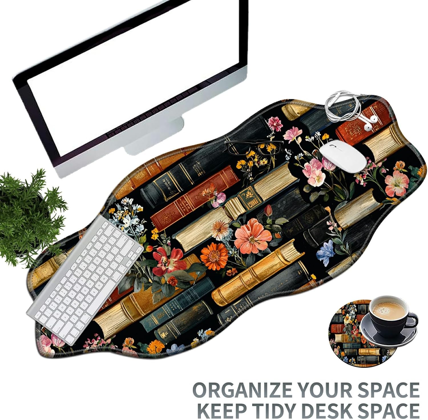 Flowers Bookshelves Large Gaming Mouse Pad Plus a Coaster, 35.4 x 15.7 inches Desk Mat Extended XXL Mousepad with Stitched Edge Non-Slip Rubber, Desk Pad Computer Mouse Mat for Home Office