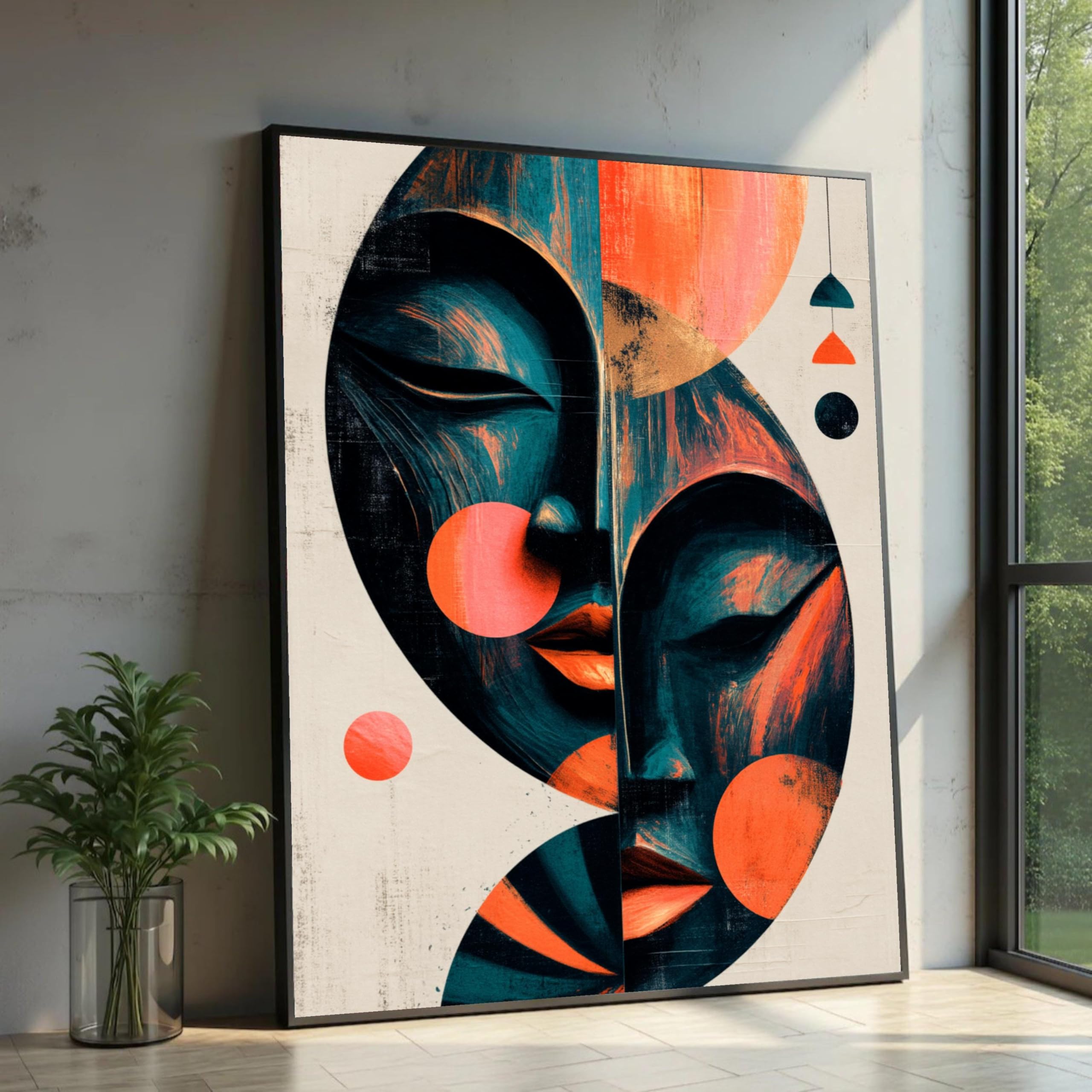 Abstract Dual Faces Canvas Wall Pictures, Modern Geometric Portrait Posters Prints, Large Canvas Art Home Decor Mural(70x110cm/Internal Frame)