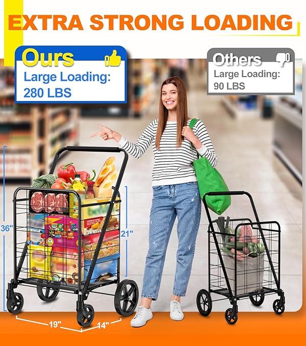 Shopping Cart, Upgrade Dense Grid Bottom Folding Cart with 360° Rolling Swivel Wheels Heavy Duty Grocery Utility Cart for Multiple Uses Extra Large Grocery Cart Can Hold Up to 280 lbs Christmas Early by winkeep - Image 3