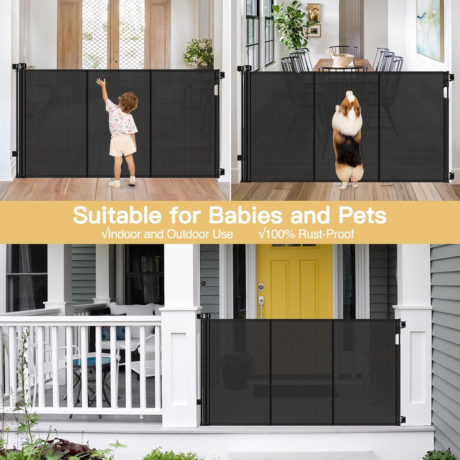 Reinforced 42 Extra Tall Pet Gate 55 Wide Retractable Baby Gate with Support Rods - Retractable Dog Gate Indoor/Outdoor Retractable Gate, Bottom Anti-Escape Tall Dog Gates for Doorways, Black