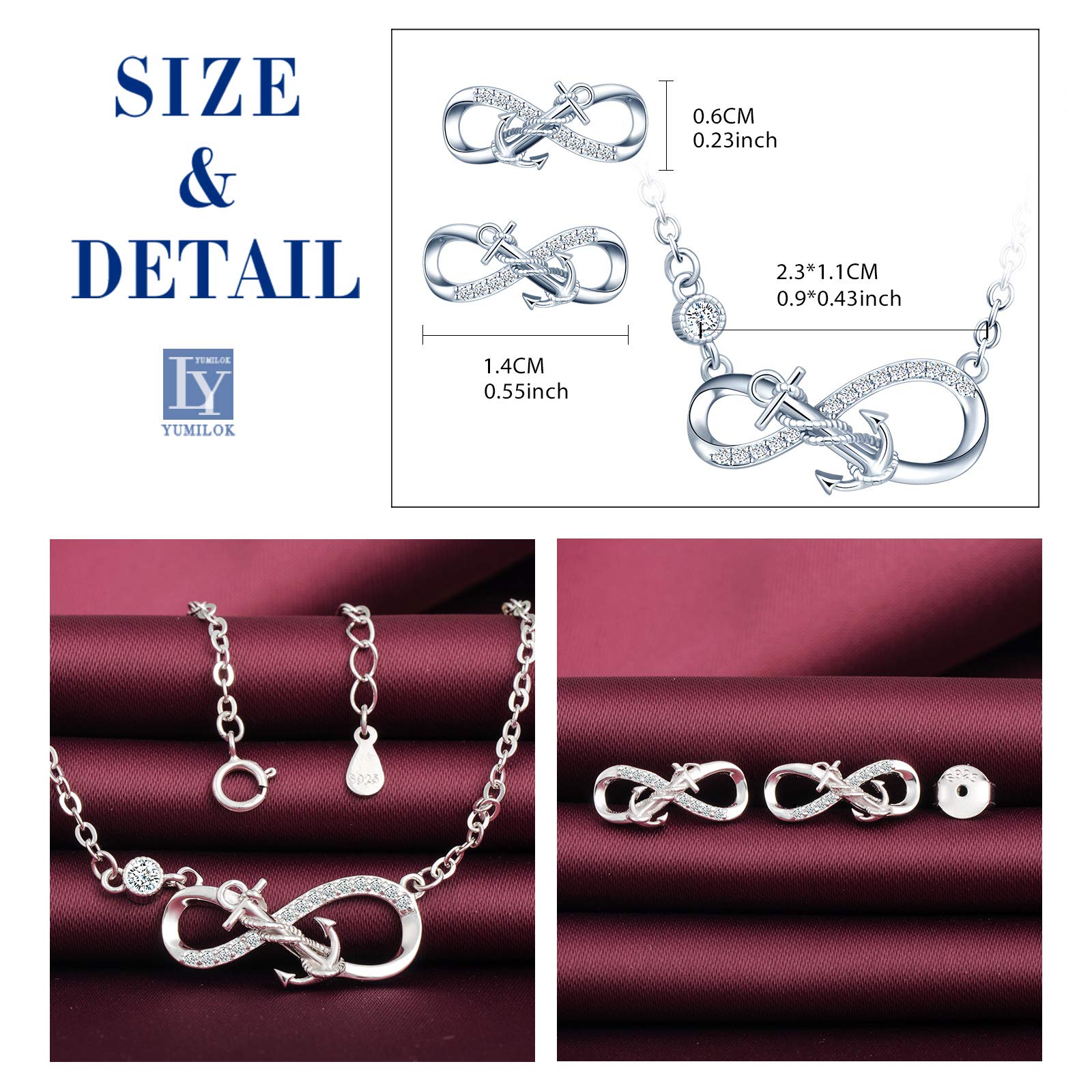 Yumilok - Conjunto de joyas para collar y pendientes, colgante y pendientes de ancla y símbolo de infinito de plata 925, joyas para mujer y niña, circonita incrustada
