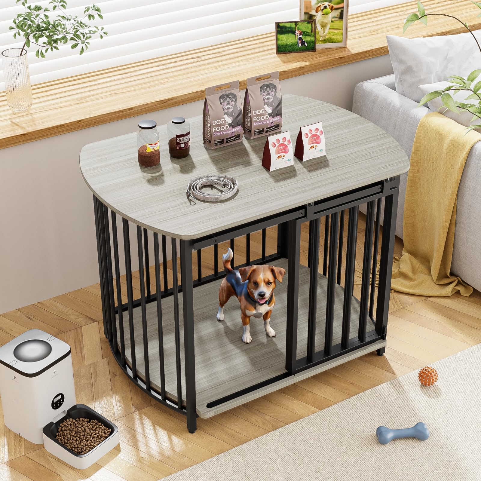 31.5" dog crate furniture for small and medium dogs, 2-in-1 iron-wood fusion dog cage with waterproof top, side end table with double-doors, gray