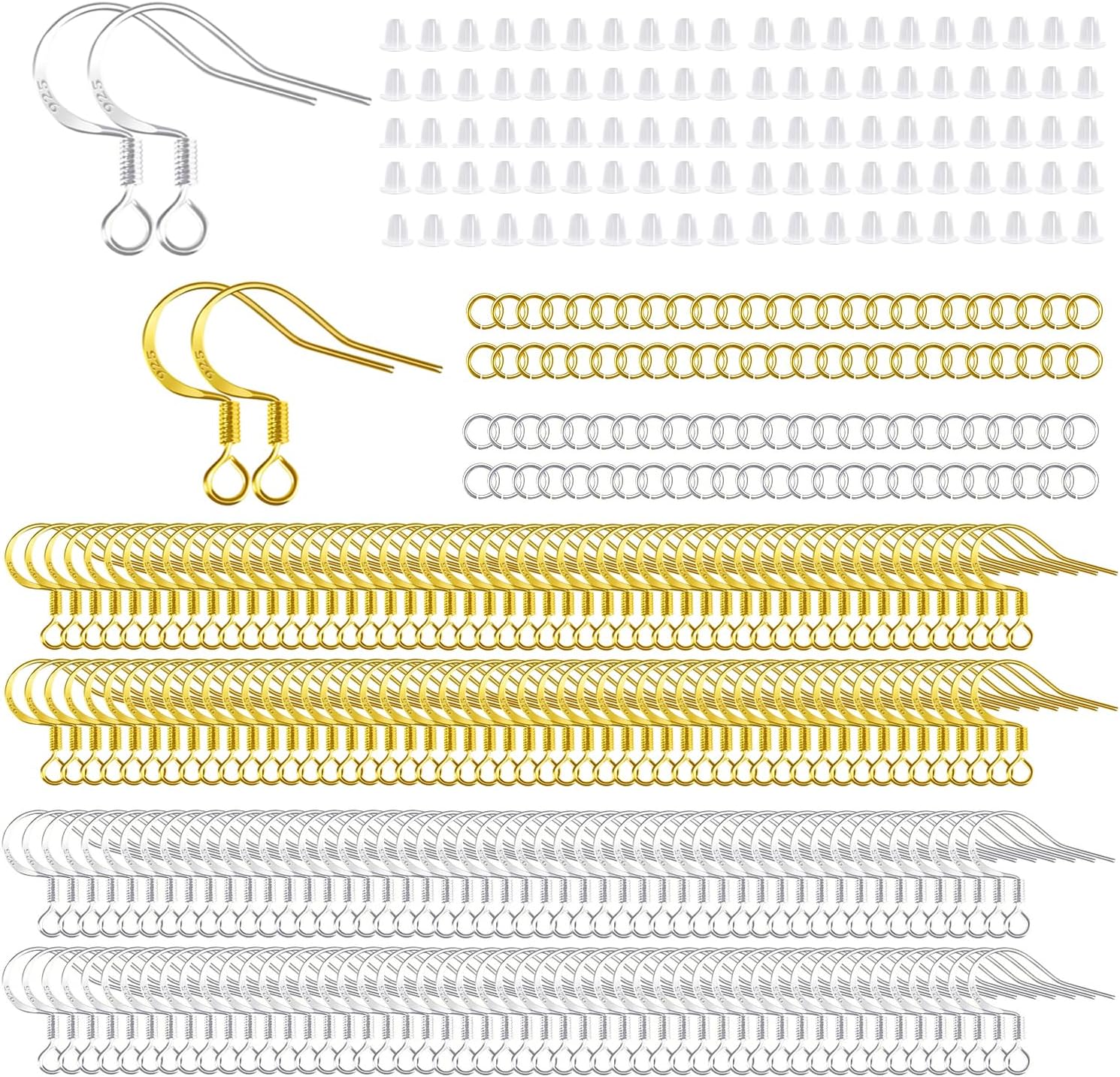 200 PCS 18K Gold Tone and Silver Earring Hooks 925 Sterling Silver Plated Hypoallergenic Ear Wires Fish Hooks with 100 PCS Clear Silicone Earring Backs and 100PCS Jump Rings for DIY Jewelry Making…