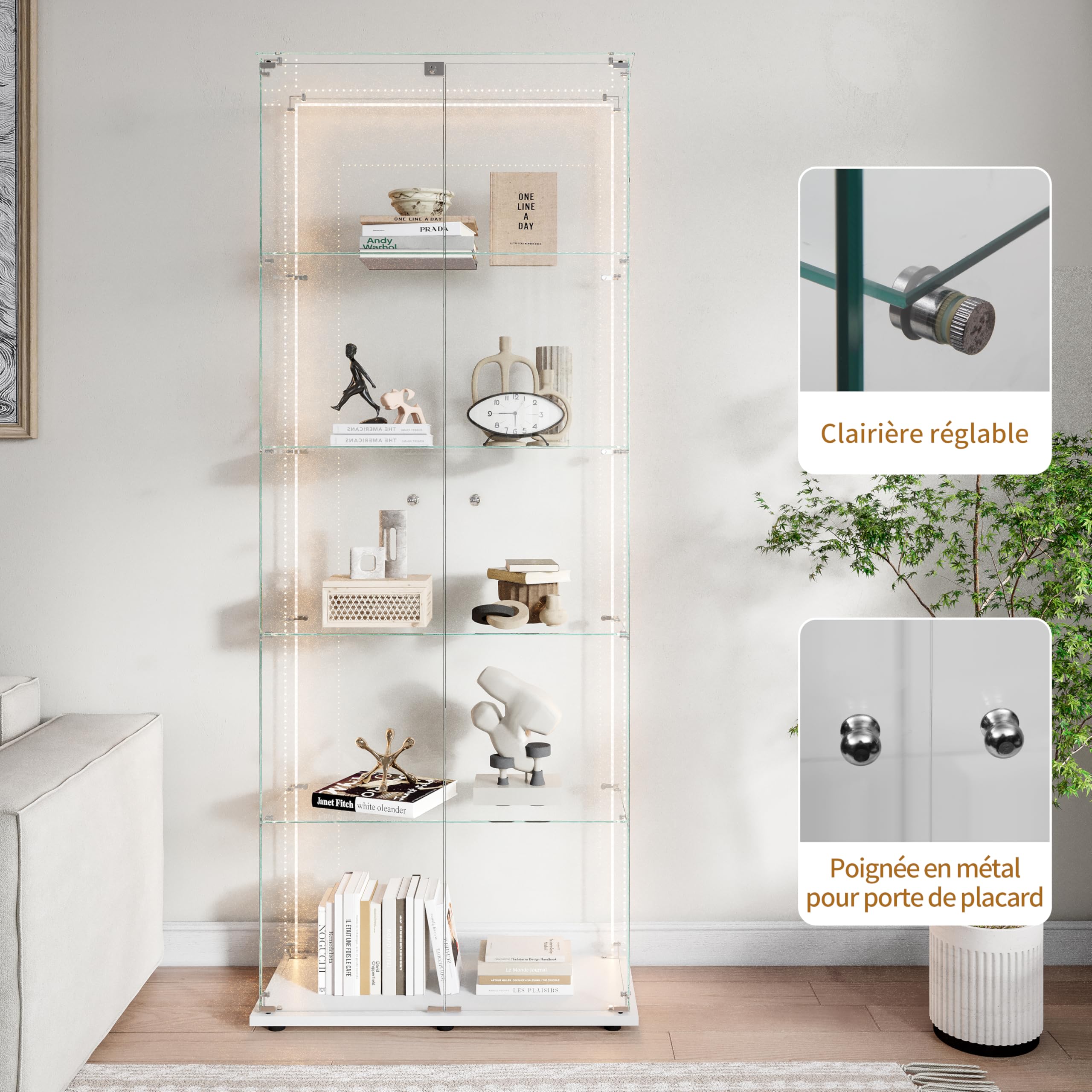 Vitrina de Cristal Expositor con LED y Cerradura, Vitrinas de pie de Cristal con 5 Estantes Ajustables y 2 Puertas, Armario Vitrina Moderne para Colección Armario de Pie de Cristal(Blanco,81x37x183)