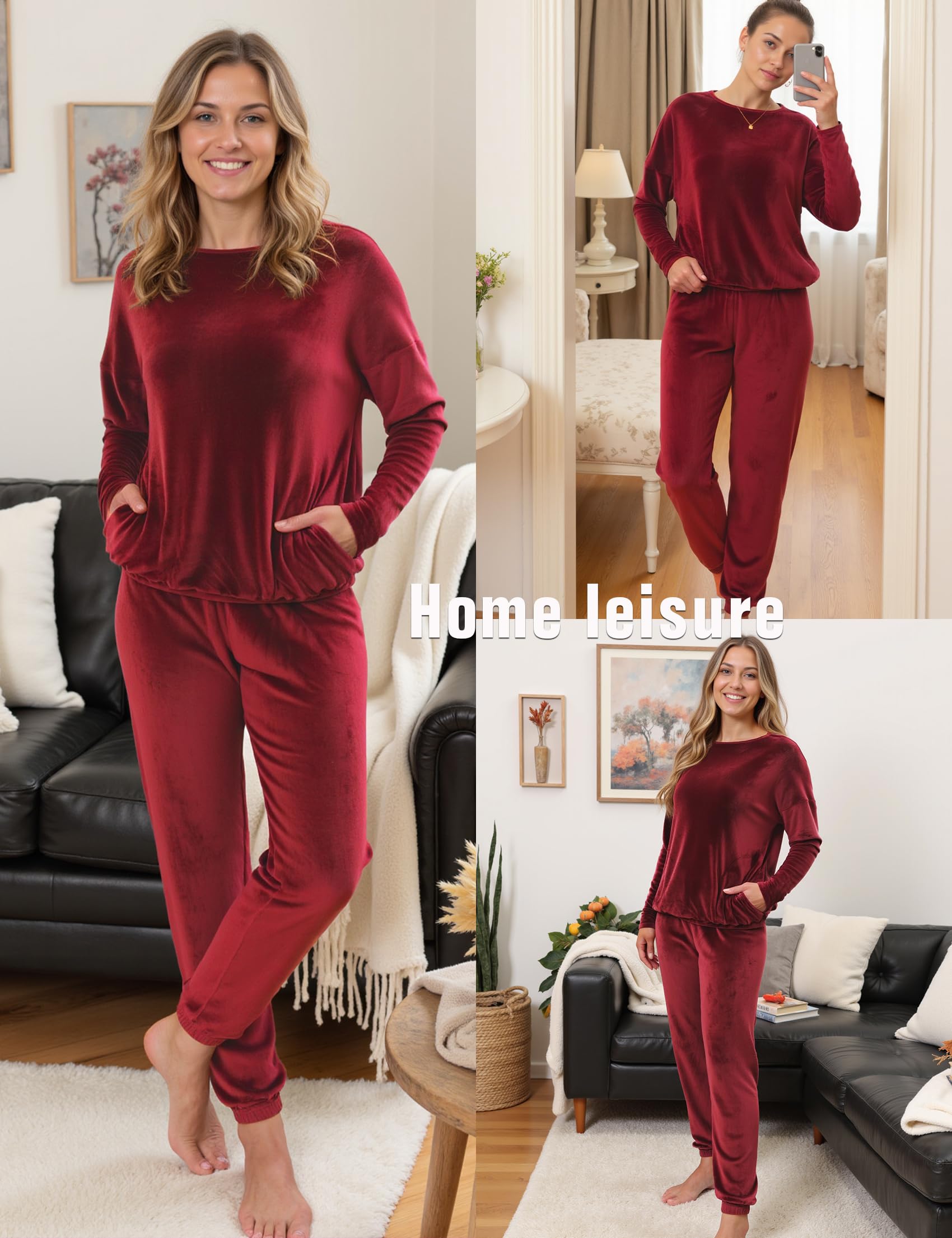 Pijama Terciopelo Mujer Invierno Manga Larga Conjunto Chándal Cuello Redondo Cálido Suave Cómodo Ropa de Dormir para Casa