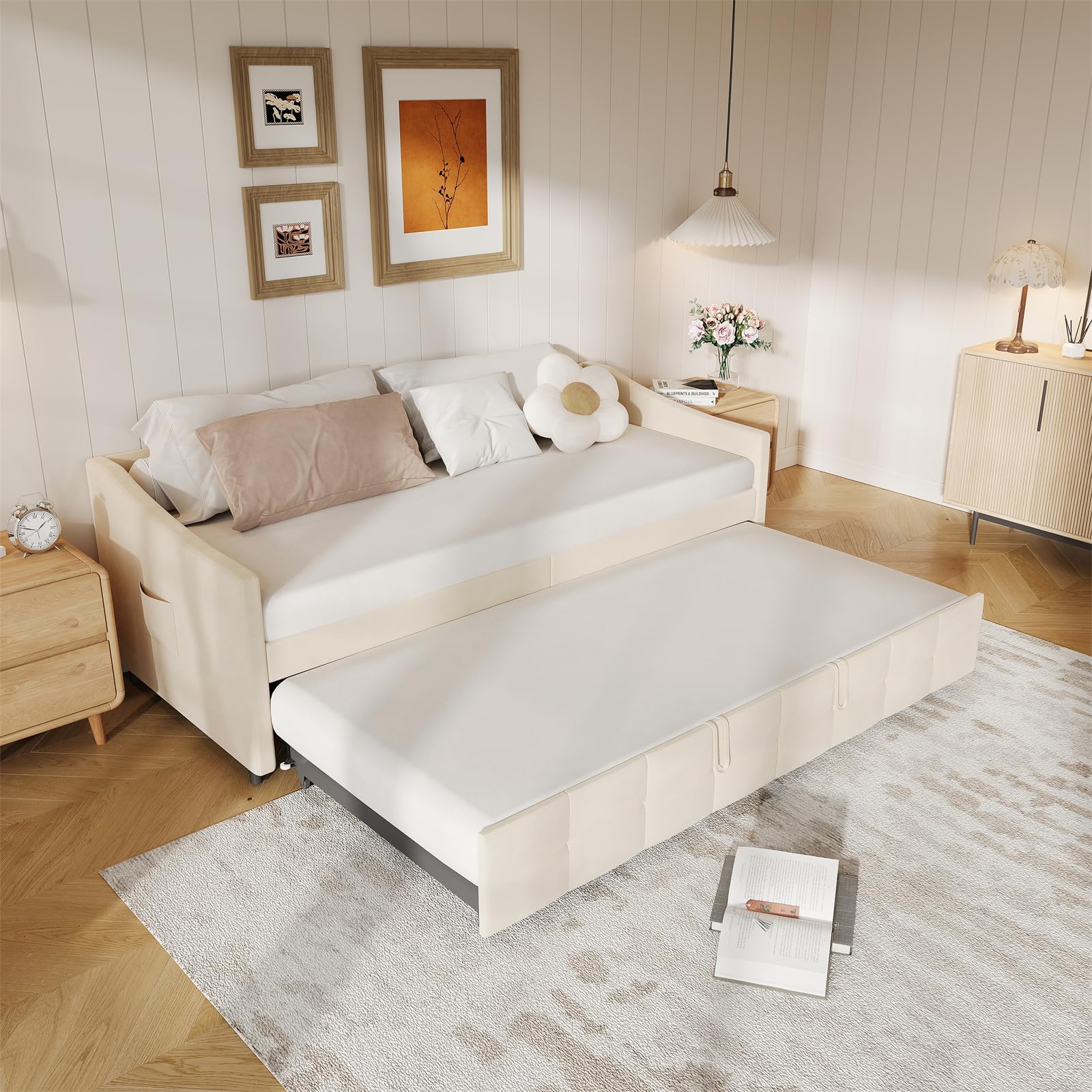 BestAlice Sofa do spania 90 x 200 cm z oparciem, składana sofa z funkcją spania ze stelażem, rozkładana, pojedyncze łóżko, łóżko dzienne, tapicerowane, aksamitne, bez materaca, kremowa