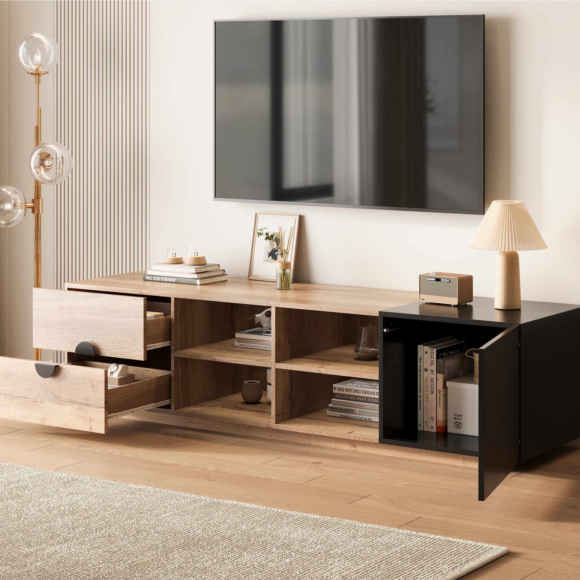 TV Schrank bis 80 Zoll, TV Lowboard mit LED, Fernsehtisch mit Offener Stauraum, TV Board, Fernsehschrank, Sideboard, für Schlaf- und Wohnzimmerschrank, Hochglanzdesign, 180cm, Schwarz