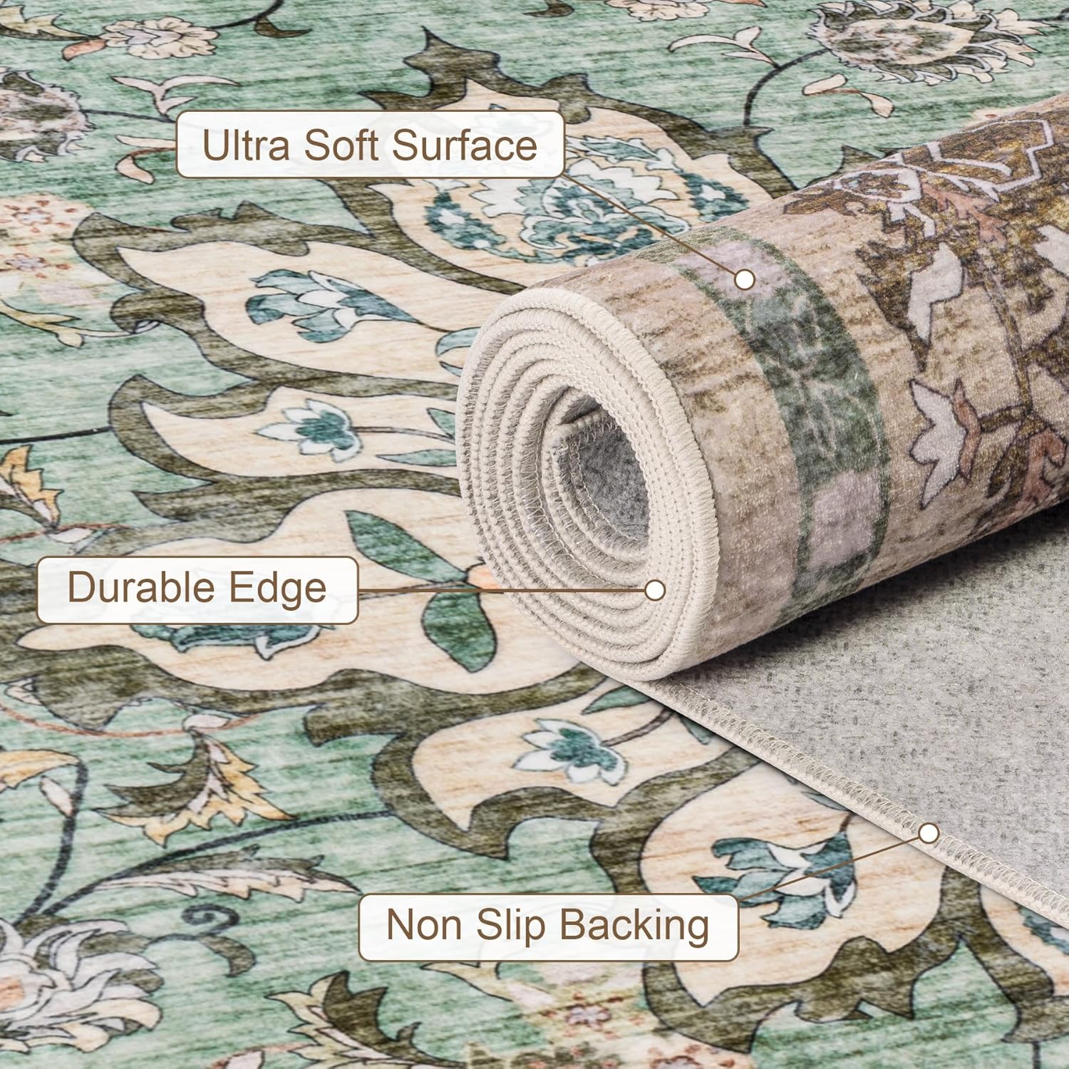 5x7 Area Rugs Living Room Rug: Washable Vintage Distressed Floral Rug No Slip Stain Resistant Soft Carpet Indoor Large Carpets for Bedroom Dining Room Farmhouse Nursery Hallway Home Office Brown Green - Image 7