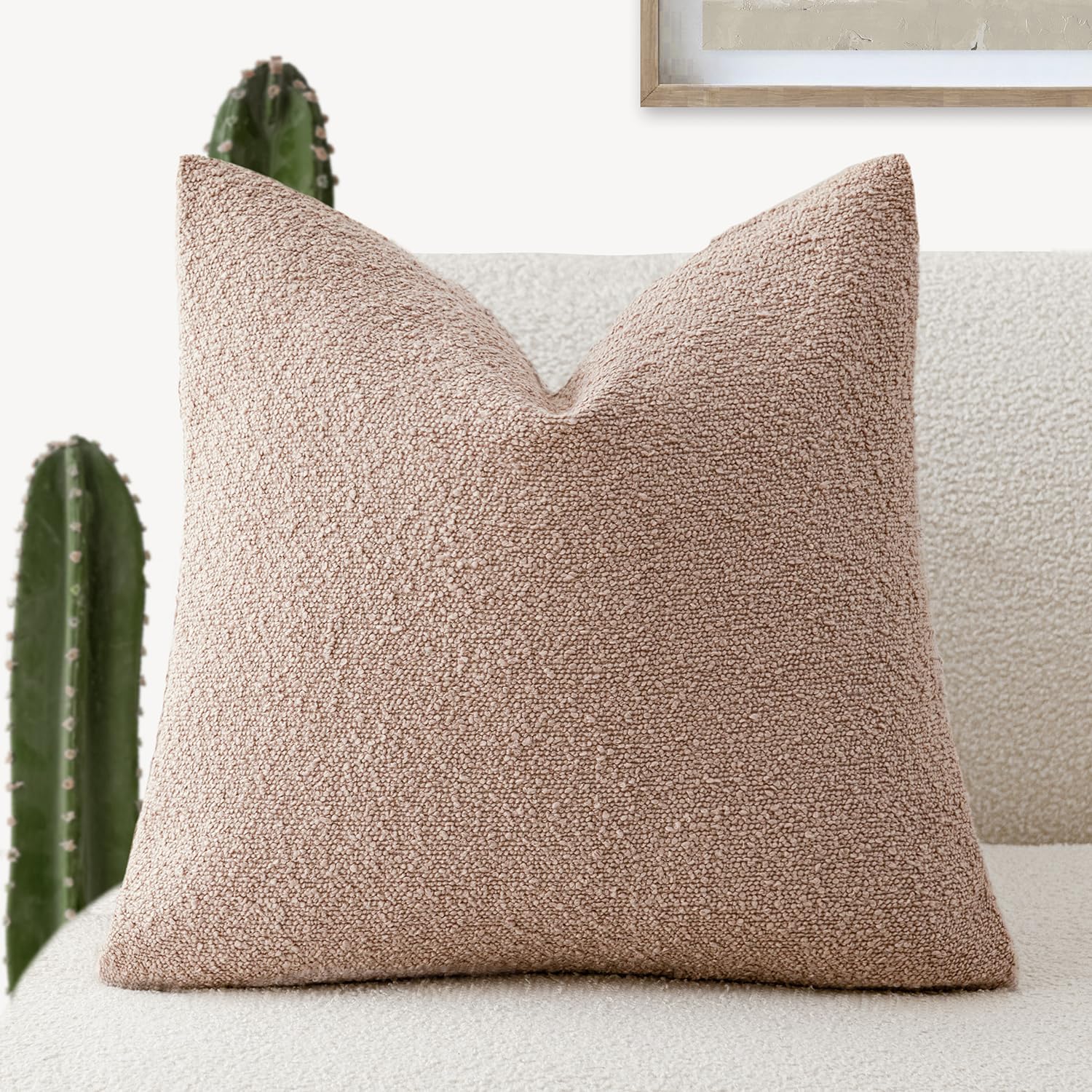Foindtower Decorative Textured Boucle Throw Pillow Covers Accent Solid Pillow Cases Neutral Soft Cozy Couch Cushion Case for Chair Sofa Bedroom Living Room Home Decor 16x16 Inch,1PC,Light Pink — image 1