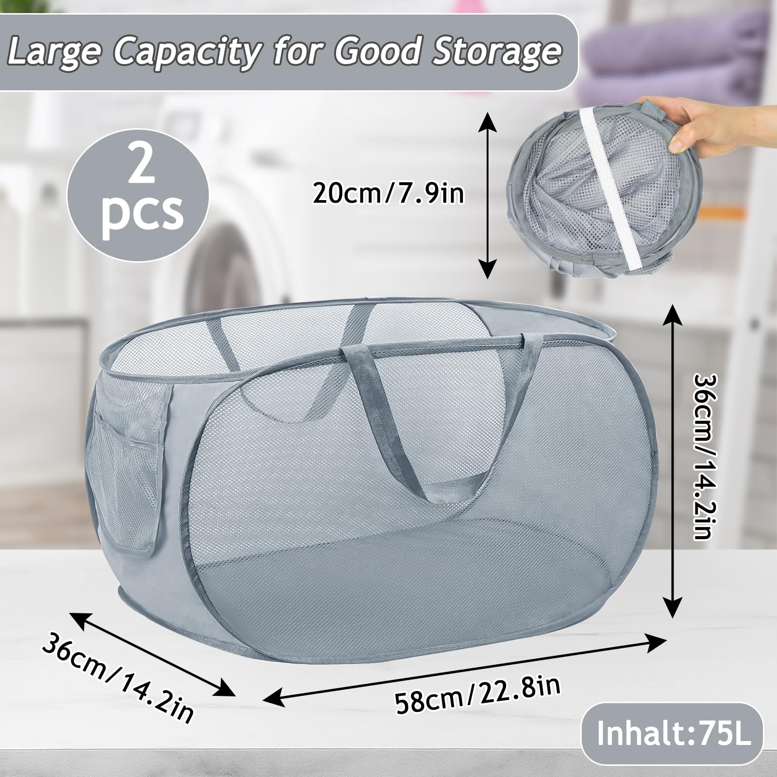 2 cestas plegables para la colada, 36 x 36 x 58 cm, con asa, cesta de malla portátil, plegable, para baño, dormitorio, viajes, etc