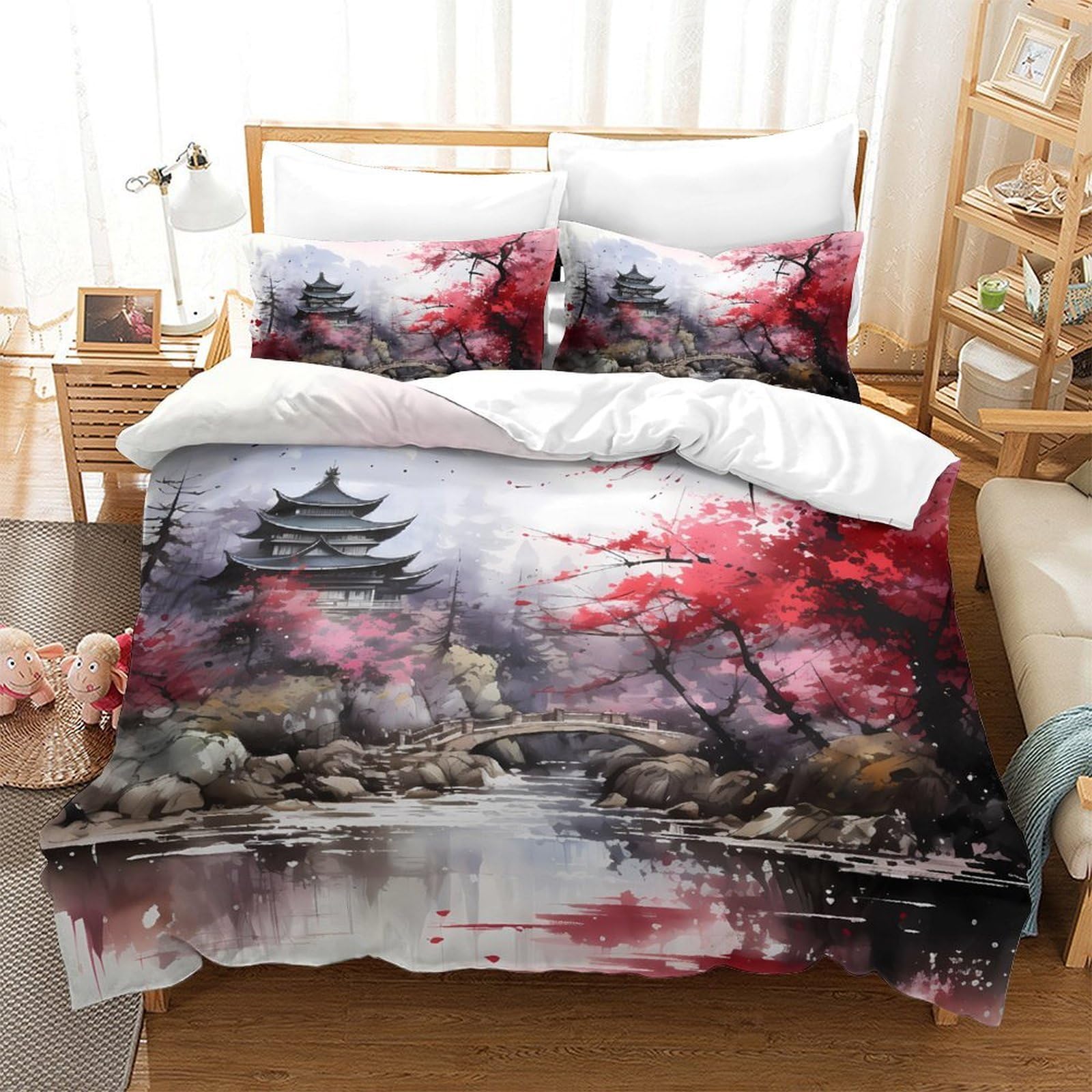 Housse de couette 2 personnes coton anti-froissement rouge temple asiatique 260x220cm