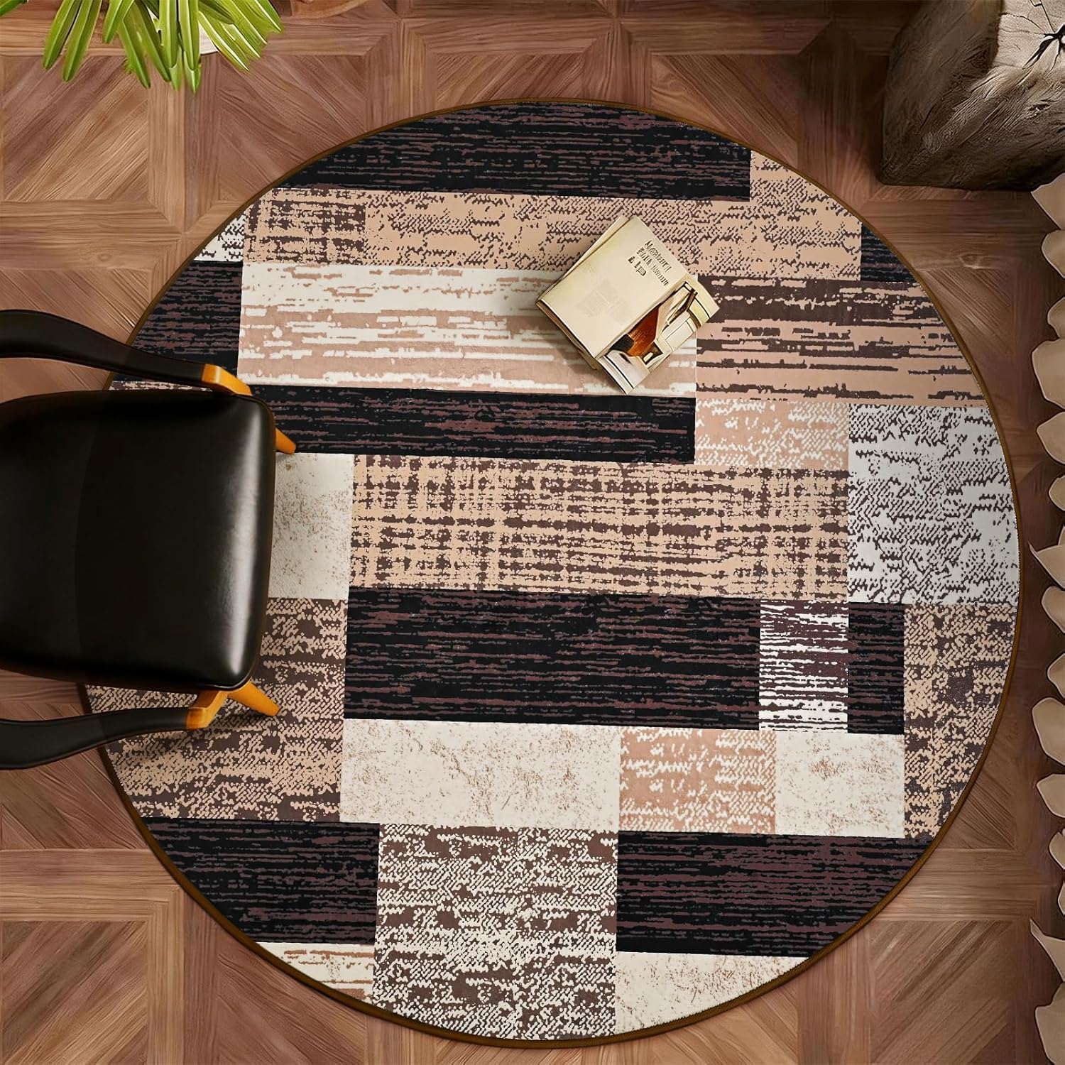 FlyDOIT Modern Round Area Rug for Living Room, 4Ft Washable Round Rug Chocolate Geometric Patchwork Circle Rugs for Dining Room Table, Small Circular Floor Carpet for Bedroom Home Office