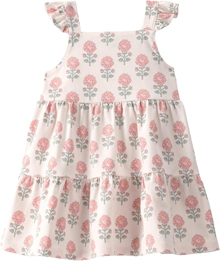 Carter's Baby Girl Organic Cotton Tiered Dress - Rosebud Petal Floral Print, Ruffle Sleeves, Soft Stretch Jersey with Diap...