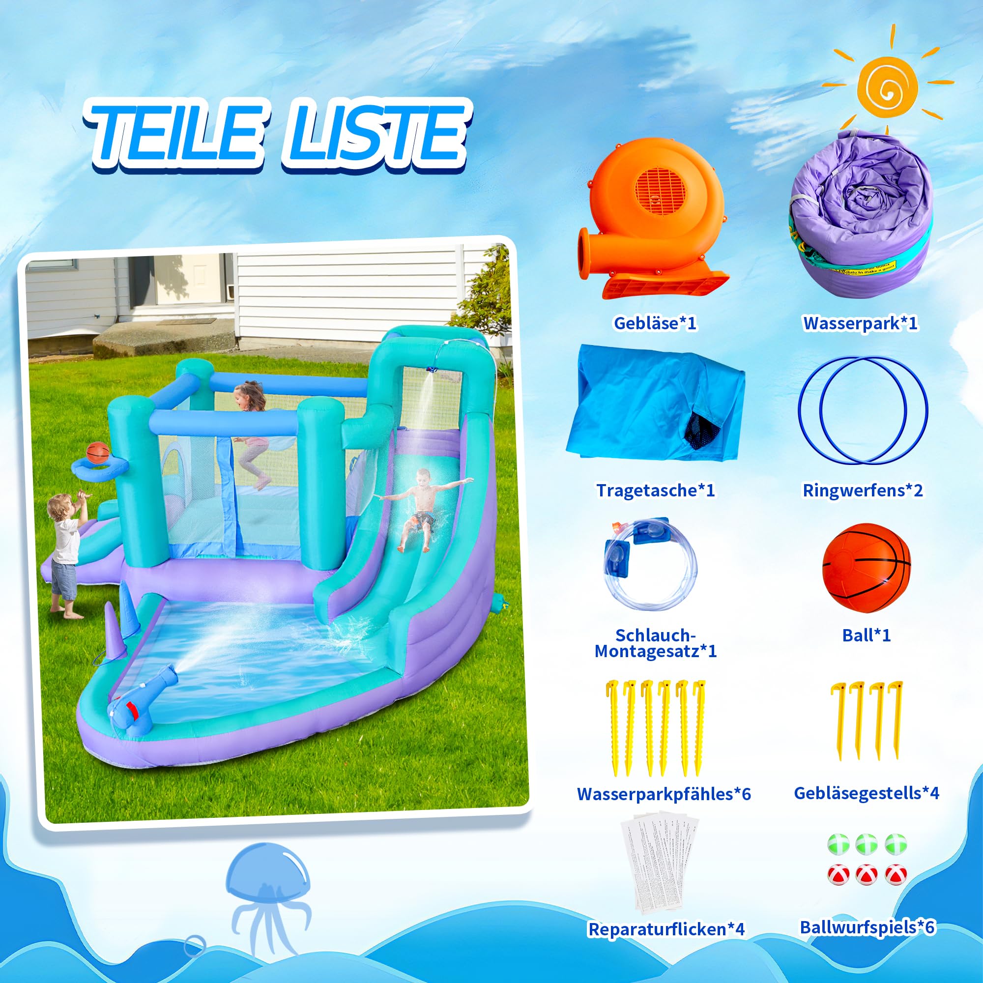 9-in-1 Hüpfburg mit Gebläse Aufblasbare Wasserrutsche mit Sprungburg Spritzbecken Kletterwand Basketballkorb Wasserpistolen Zielball und Ringwur Hüpfburg Kinder Hüpfburg Outdoor