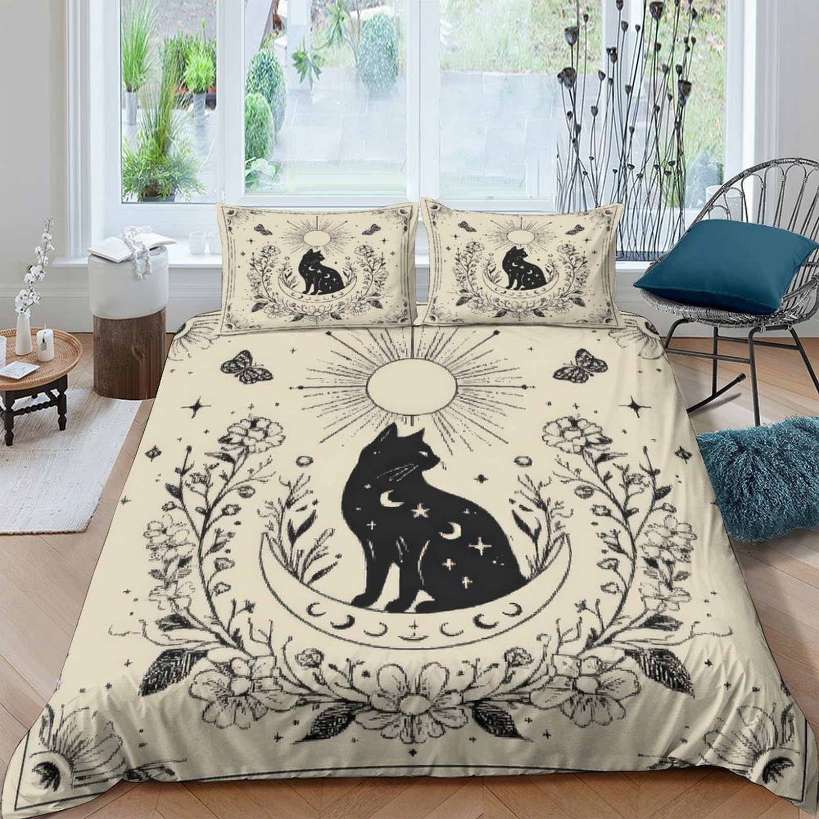 Ctjqhvkz Style-9 3D Printed Mystic Black Cat Fitted Sheet Microfiber Soft Breathable Botanical Moon Mattress Cover For Bedroom Decor Single（135X200cm）