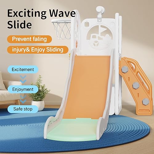 Miniatura 4 de Tobogán 6 en 1 para niños pequeños, juego de bebé para interiores y exteriores, con aro de baloncesto, almacenamiento y telescopio, juguetes de