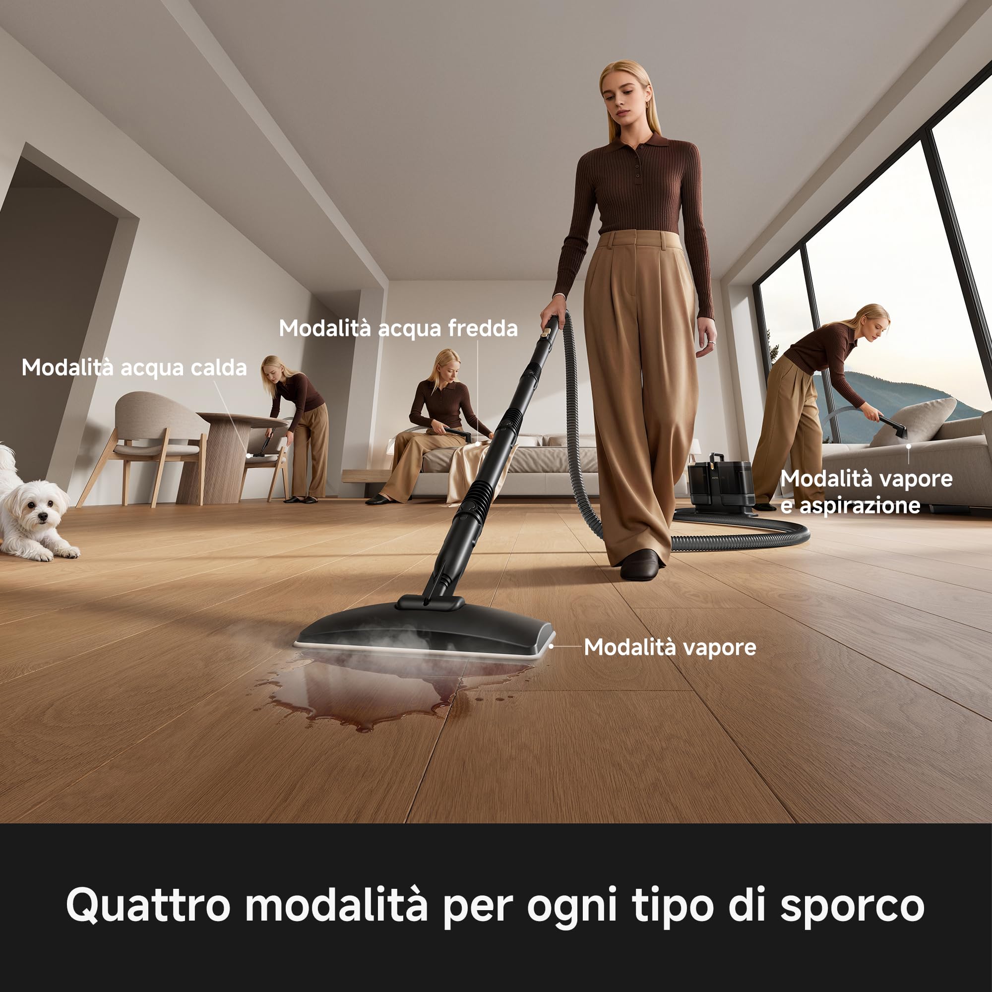 MOVA S10 Pulitore a vapore multiuso con 9 accessori, vapore surriscaldato, potenza di aspirazione di 16000 Pa, umidità residua ≤5%, elimina il 99,99% di batteri e acari, pulizia senza prodotti chimici