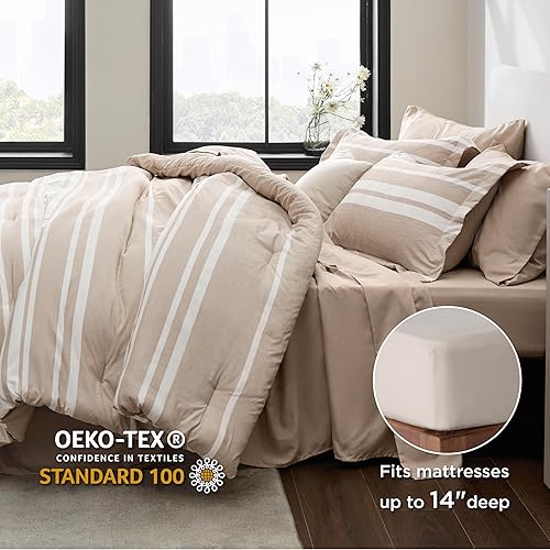 Miniatura 5 de Bedsure Bed in a Bag - Juego de edredón de 7 piezas de color blanco caqui a rayas para todas las estaciones, 2 fundas de almohada, sábana encimera,