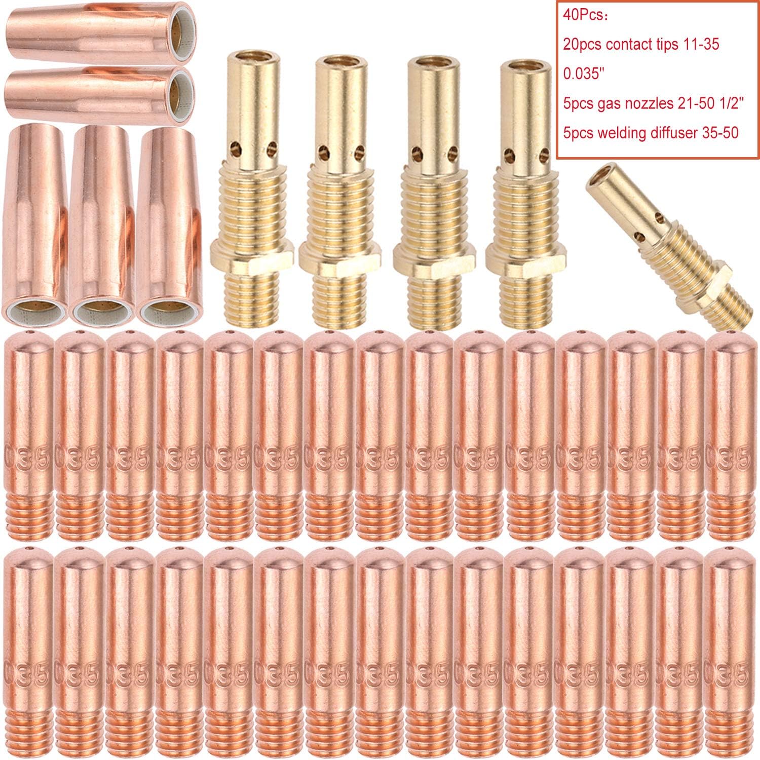 MIG Welding Gun Kit .035" Tip Nozzle Diffuser Fit for 100L Tweco Mini#1 Include (Contact Tips 11-35 0.035", Gas Nozzles 21-50 1/2", 35-50 Welding Diffuser) 40Pcs