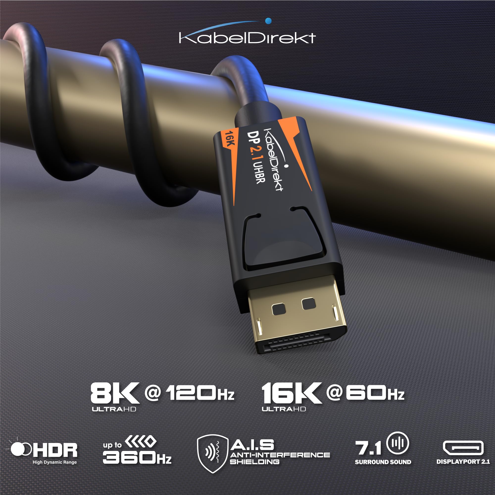KabelDirekt, DisplayPort 2.1/DP 2.1 Cable, 1,5m, UHBR, DP80 with 80 Gbit/s for Gaming PCs/Graphics Cards with FreeSync/G-Sync - Image 2