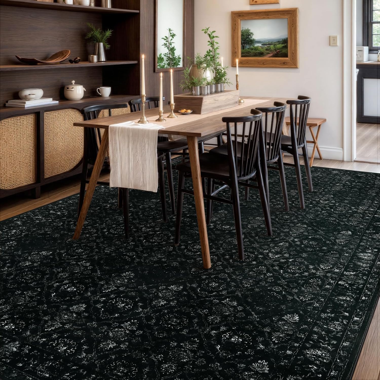 Hedlive Vintage Black Rug for Living Room 9x12, Ultra-Thin Washable Large Area Rugs for Dining Room Non Slip, Stain Resistant Bedroom Rug for Home High Traffic Area (9'x12', Black)
