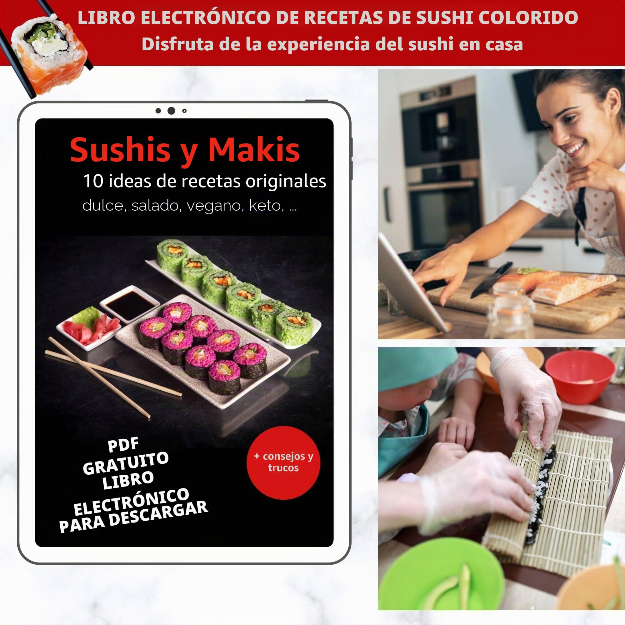 Kit de sushi maki maker completo – Aparato para hacer sushi makis – Estuche con alfombrilla de bambú, cuchillo japonés, varillas, molde de sushi, sin BPA, idea de regalo para hombre y mujer