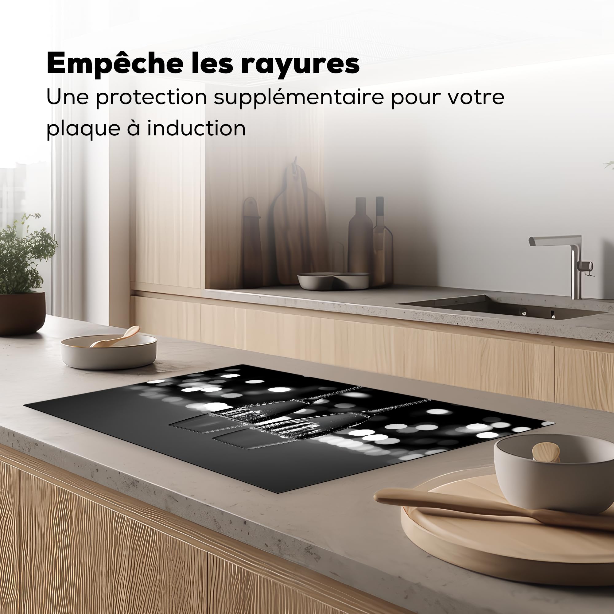 KitchenYeah© Protege Couvre Plaque De Cuisson Décoration Cuisine Tapis Protection Protecteur Induction 80x52 cm Bulles - Cheers - Coupes de Champagne - Lumières de la Ville