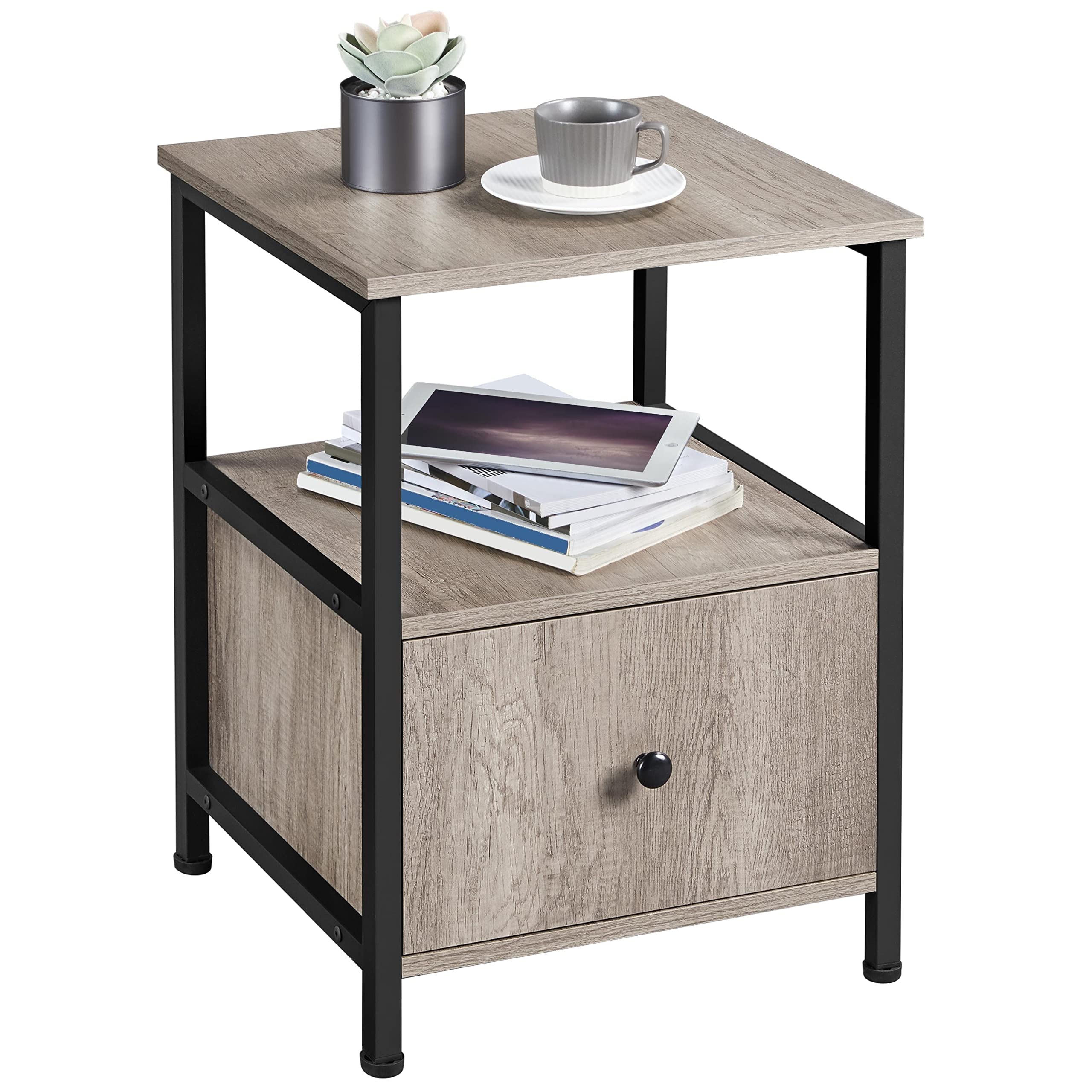 Yaheetech Bedside Tables with Drawer, Nightstand Cabinet with Storage Shelf, Wood Sofa Side Table Tea Table with Metal Frame for Living Room/Bedroom/Small Space, 45x45x61cm, Gray