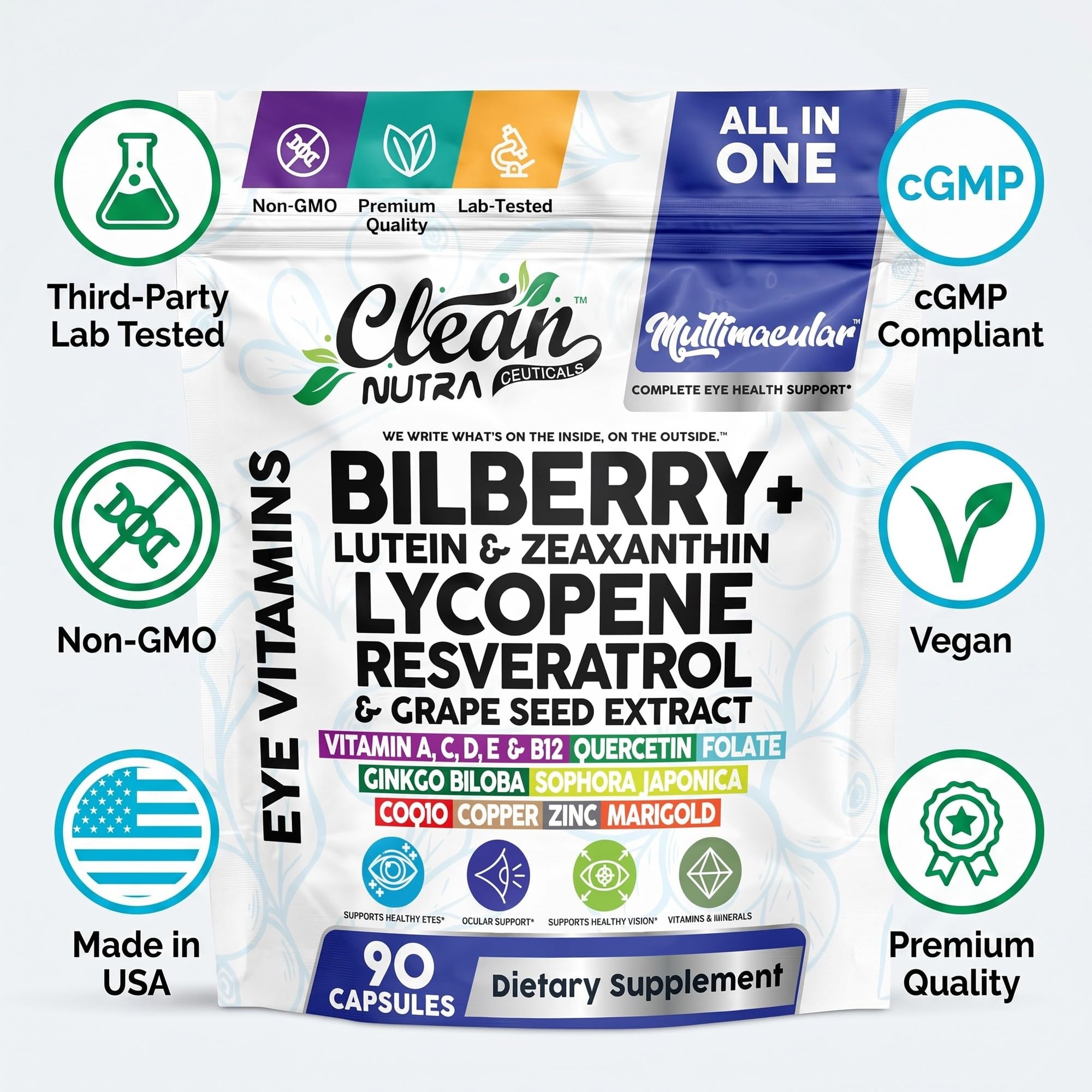 Clean Nutra Multimacular Bilberry+ Lutein Zeaxanthin Lycopene Resveratrol with Flax Seed Grape Japanese Knotweed Ginkgo Biloba Sophora Japonica Coenzyme Copper Zinc Marigold Black Pepper 90 Capsules — Amazon image 8