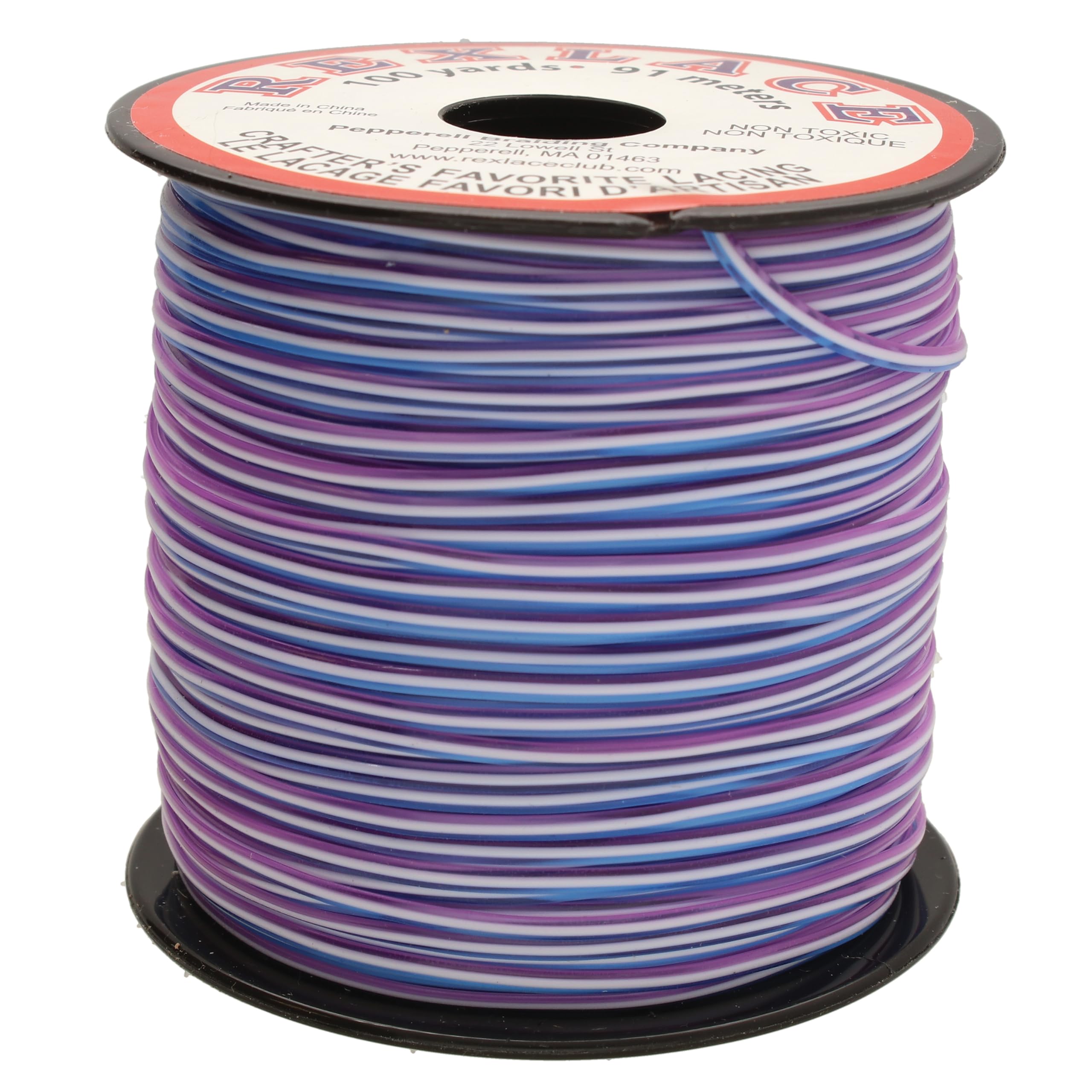 Rexlace Flat Plastic Lacing – Latex-Free Boondoggle Braiding Lanyard, Blue/White/Purple, 0.092" Wide, 0.035” Thick, 100 Yards (91 Meters)