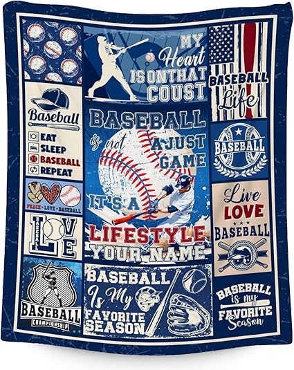 Custom Baseball Blanket for Boys - 40x50 Inches Sports Throw Blanket for Boys Kids - Blue Soft Fuzzy Blankets for Couch, Sofa & Office