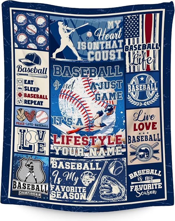Custom Baseball Blanket for Boys - 40x50 Inches Sports Throw Blanket for Boys Kids - Blue Soft Fuzzy Blankets for Couch, Sofa & Office