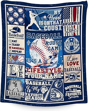 Custom Baseball Blanket for Boys - 40x50 Inches Sports Throw Blanket for Boys Kids - Blue Soft Fuzzy Blankets for Couch, Sofa & Office