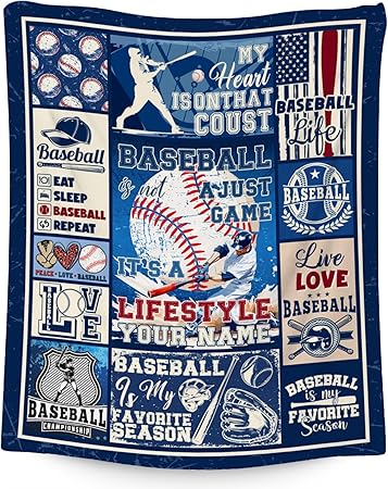 Custom Baseball Blanket for Boys - 40x50 Inches Sports Throw Blanket for Boys Kids - Blue Soft Fuzzy Blankets for Couch, Sofa & Office