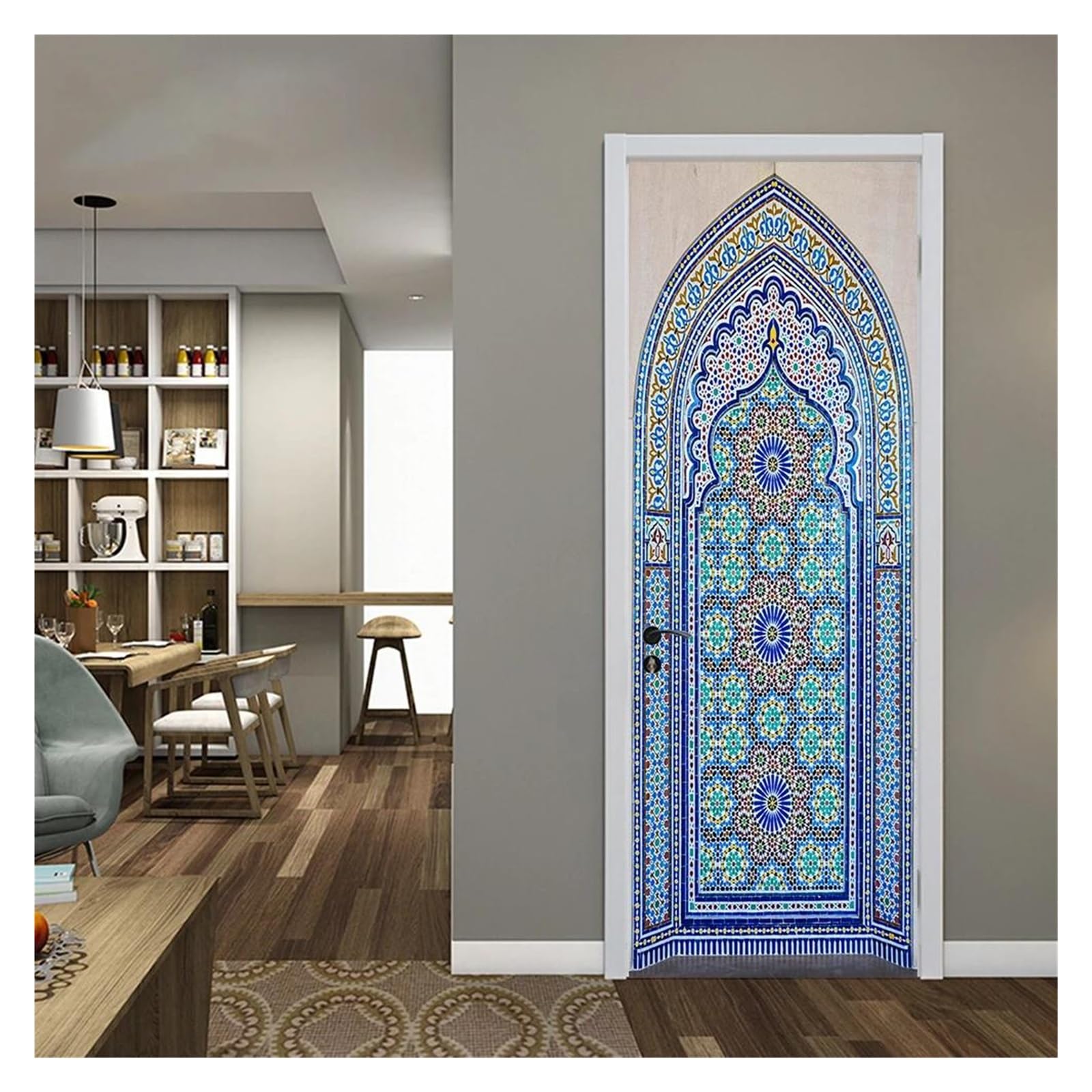 Stickers décoration salon cuisine pour masquer une porte abîmée motif arabe