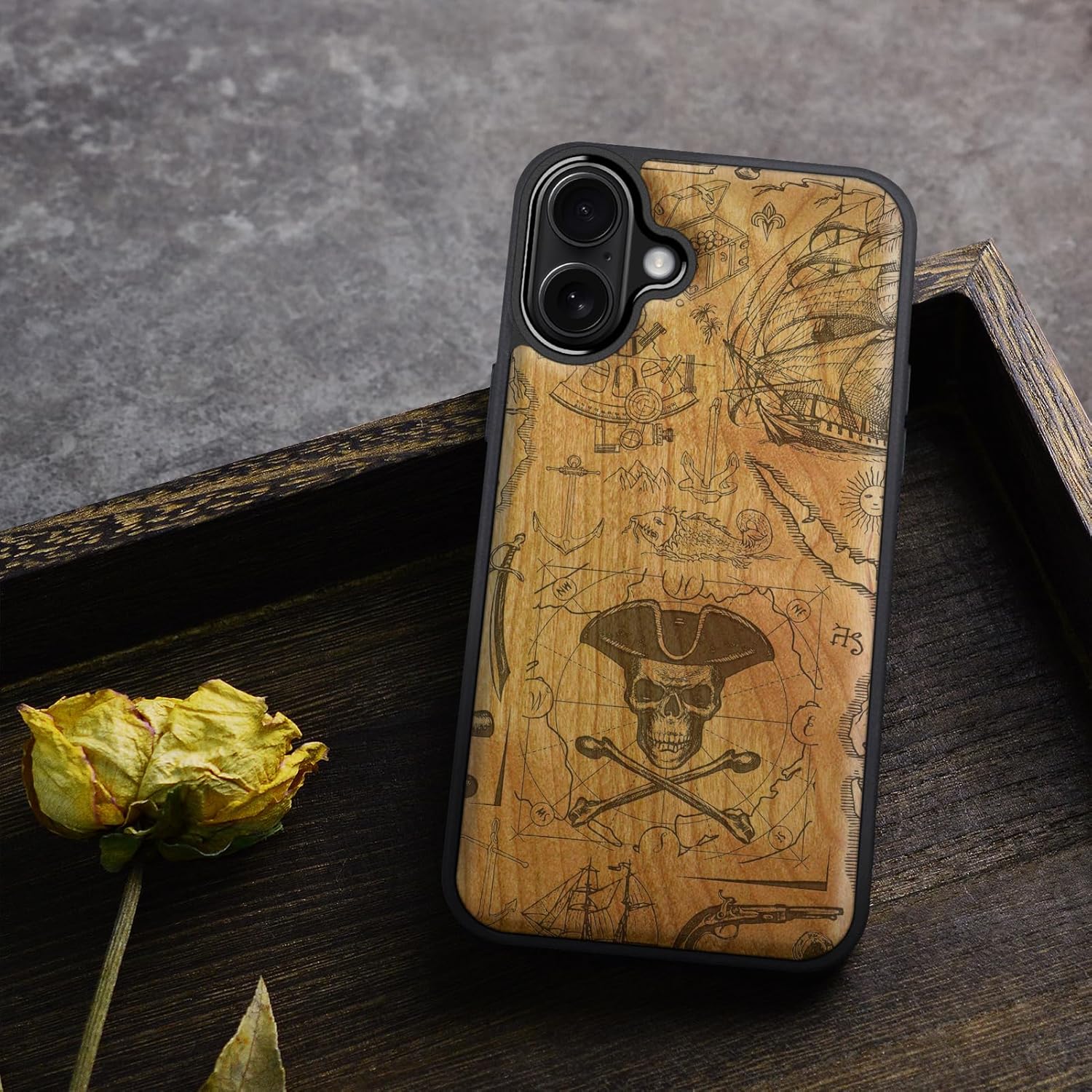 Carveit Magnetic Wooden Case for iPhone 16 Case, Wood Artisan Engraved & Black Soft TPU Shockproof Cover, Compatible with MagSafe Wireless Chargers (Pirate Flag) Cherry