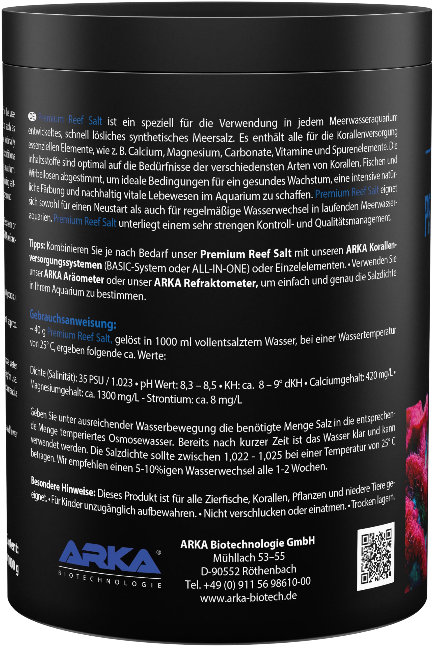 Sale marino 1 kg – ARKA Premium Reef Salt – sale sintetico per acquario marino – stimola la crescita dei coralli e i colori – si scioglie rapidamente, senza fosfati – parametri stabili