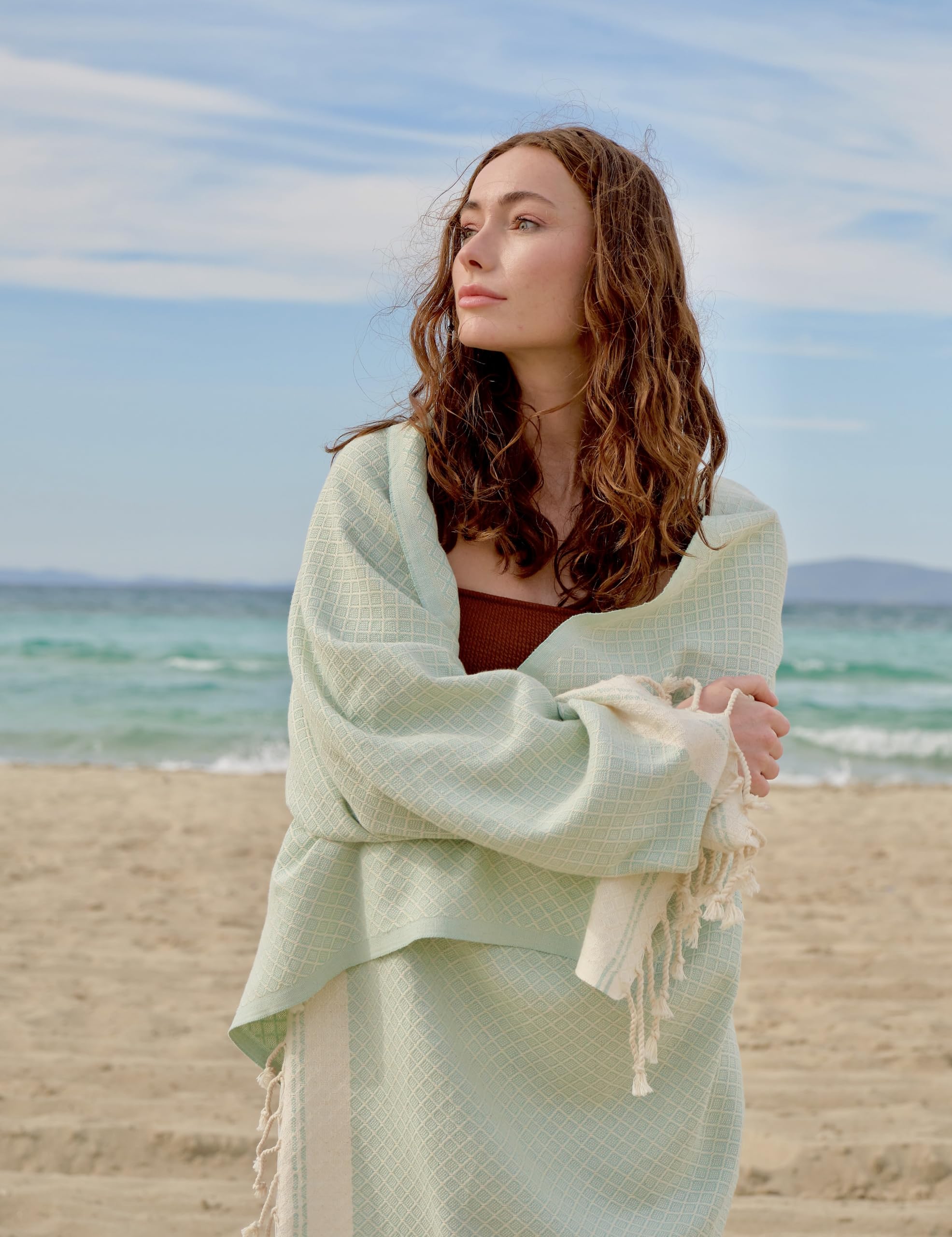 MEVLYS - Juego de 2 toallas para sauna, toalla de playa, toalla de sauna, grande, 100 x 180 cm, toalla de playa, manta de picnic, toalla de yoga, algodón, extra ligera, para hombre y mujer (menta/sax