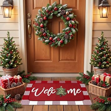 Tinideya 2 Pcs Christmas Doormats Xmas Tree Welcome Outdoor Door Mats Red and White Layered Front Door Rugs Non Slip Floor Mats for Holiday Porch Entryway Indoor Outdoor