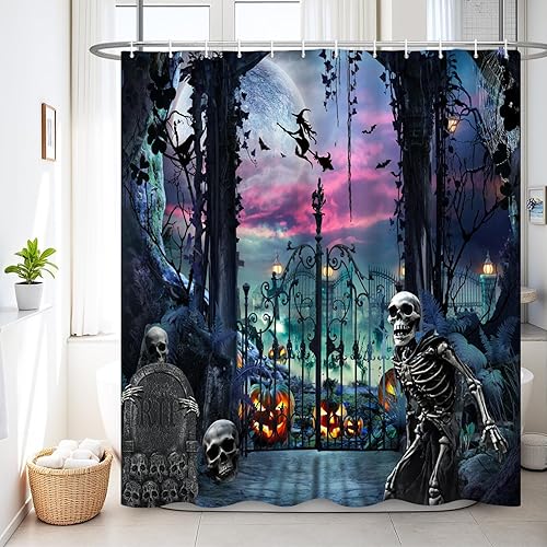 Renaiss Juego de cortina de ducha de Halloween de 72 x 72 pulgadas, diseño de esqueleto, cementerio, puerta de hierro, cortina de ducha de baño,