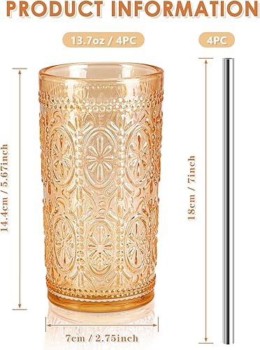 Miniatura 3 de Juego de 4 vasos de bebida vintage, vasos altos de 13.7 onzas, cristalería vintage, vasos de ámbar para fiestas, bodas, hogar, oficina y regalo, con